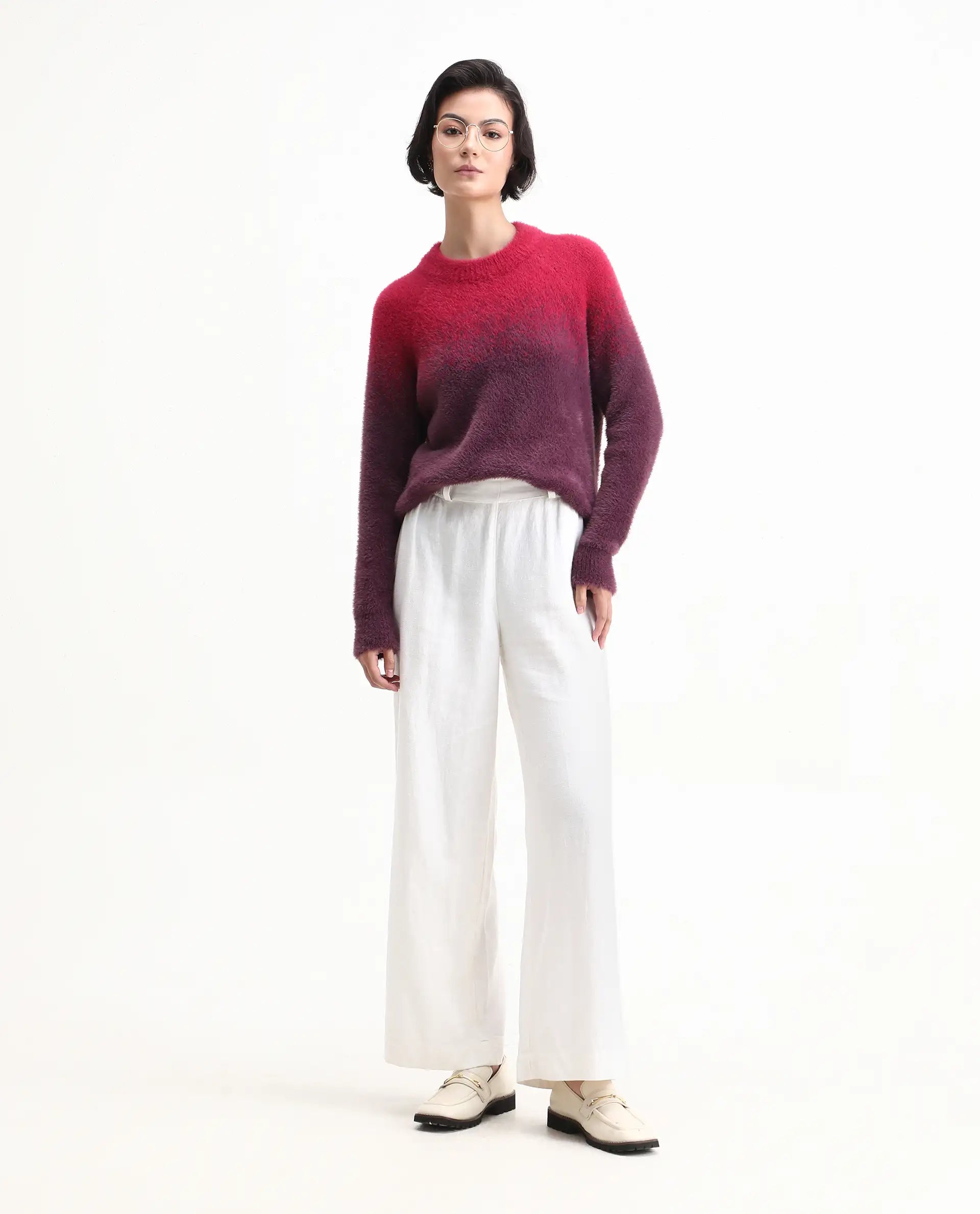 Rareism Women's Omber Dark Red Nylon Crew Neck Ombre Raglan Sleeve Relaxed Fit Sweater