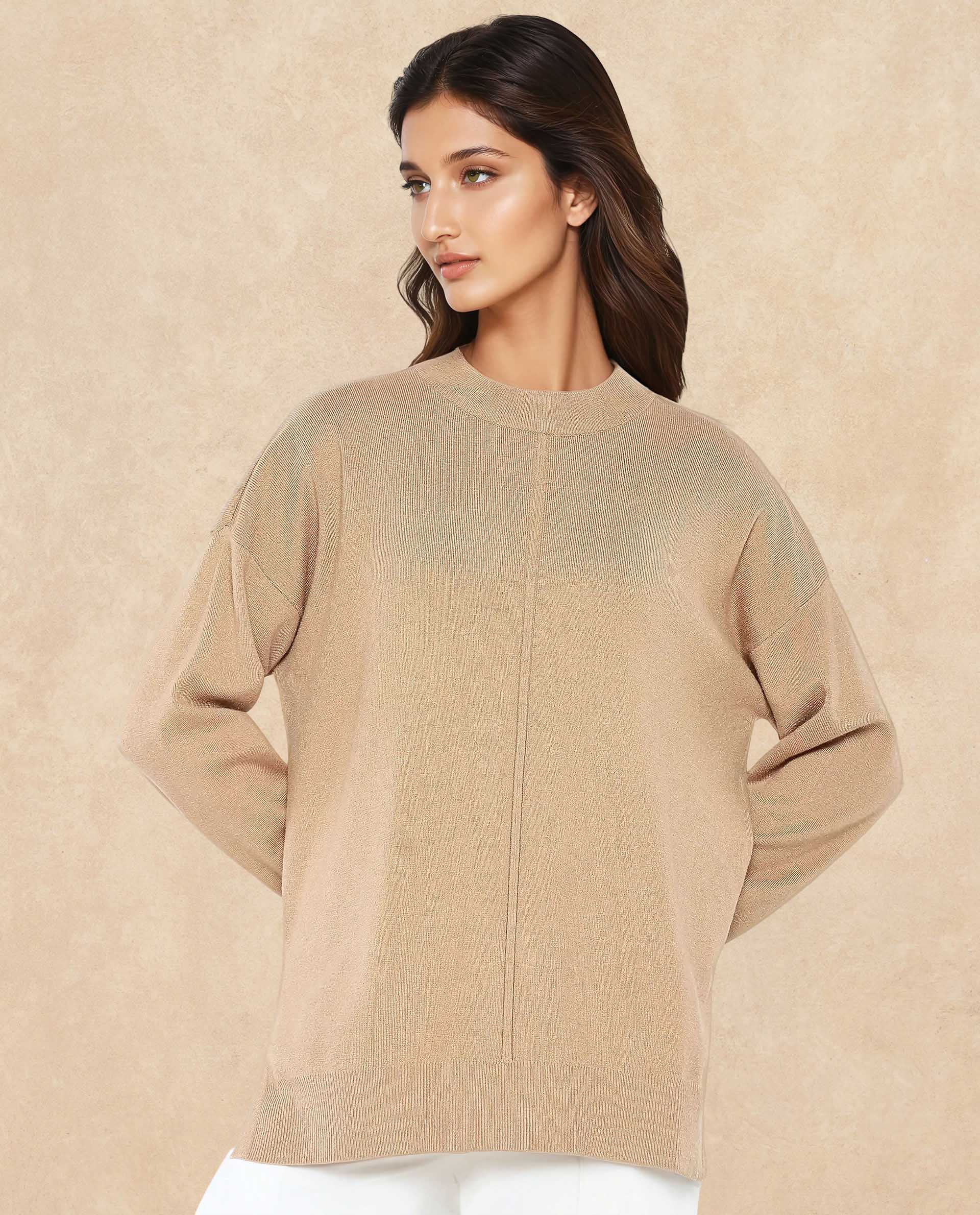Rareism Women Omerli T Beige Oversized Fit Plain Sweater