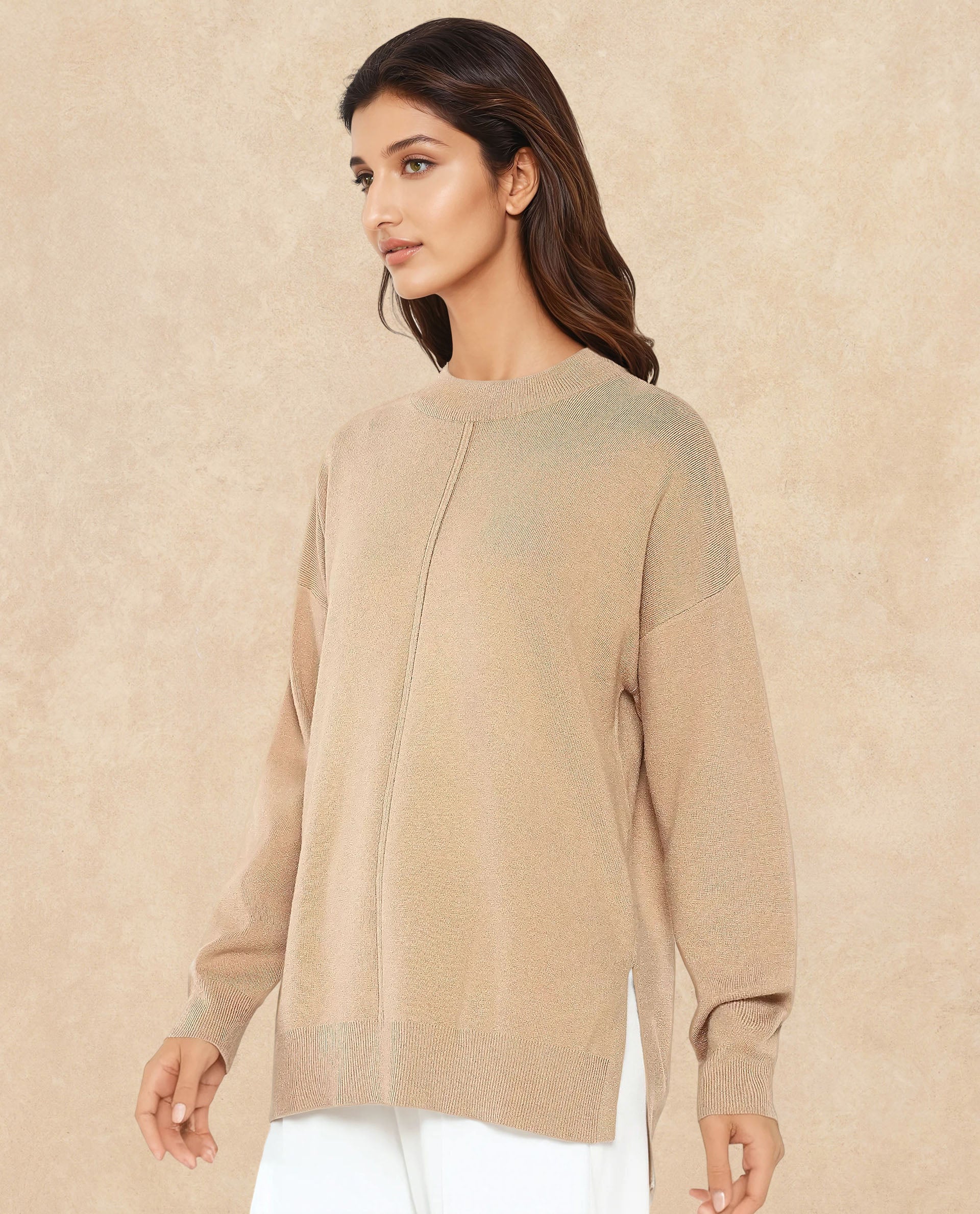 Rareism Women Omerli T Beige Oversized Fit Plain Sweater