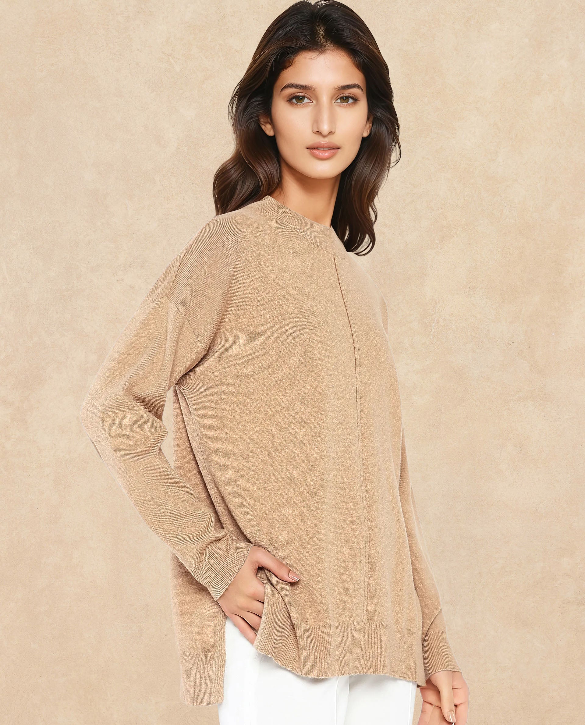 Rareism Women Omerli T Beige Oversized Fit Plain Sweater