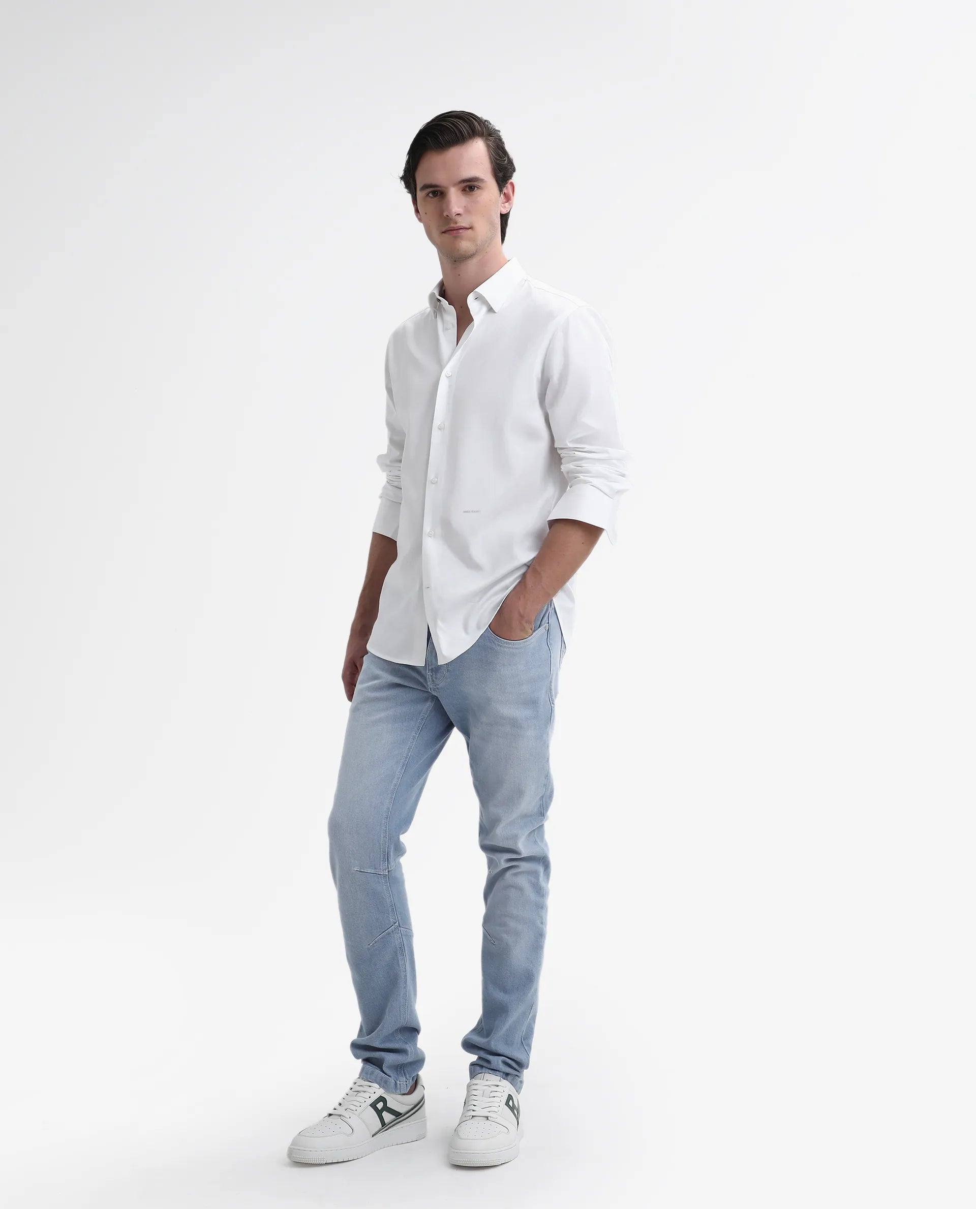 Rare Rabbit Men's Omir-1 Light Blue Cotton Blend Plain Morris Regular Fit Jeans