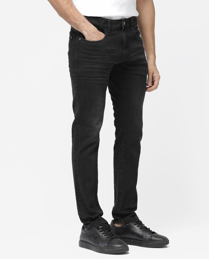 Rare Rabbit Men's Omiros Black Slim Fit Mid Rise Dark Wash With 3D Whiskers Jeans