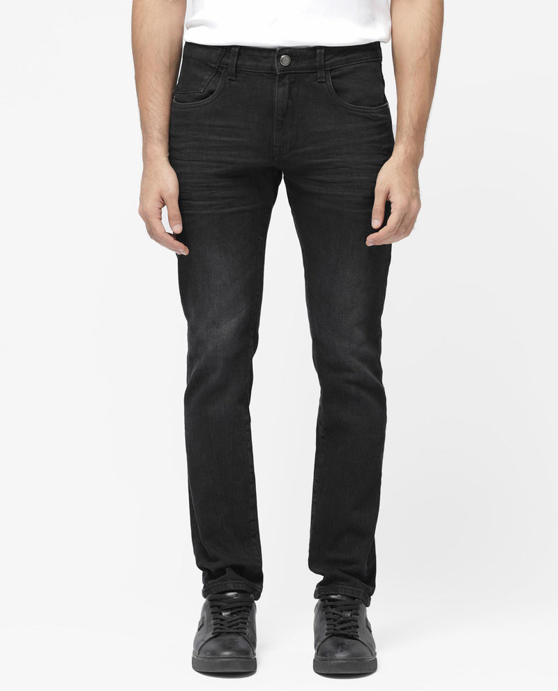 Rare Rabbit Men's Omiros Black Slim Fit Mid Rise Dark Wash With 3D Whiskers Jeans