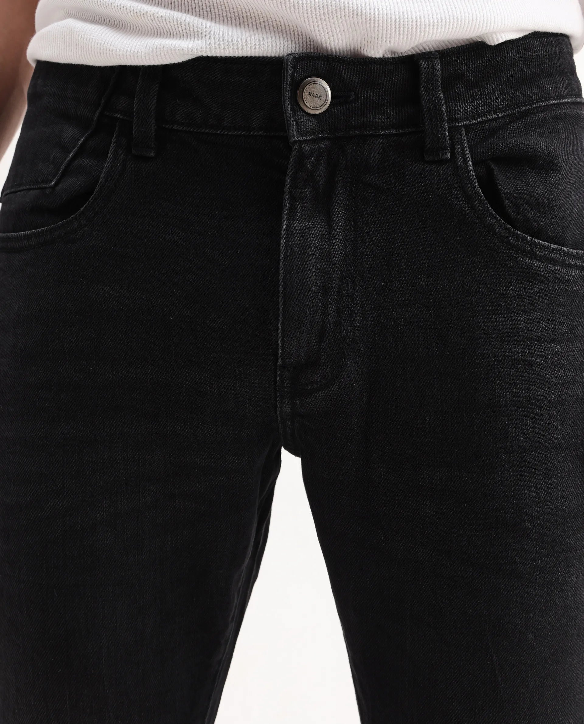Rare Rabbit Men's Omiros Black Cotton Blend Plain Hawk Slim Fit Jeans