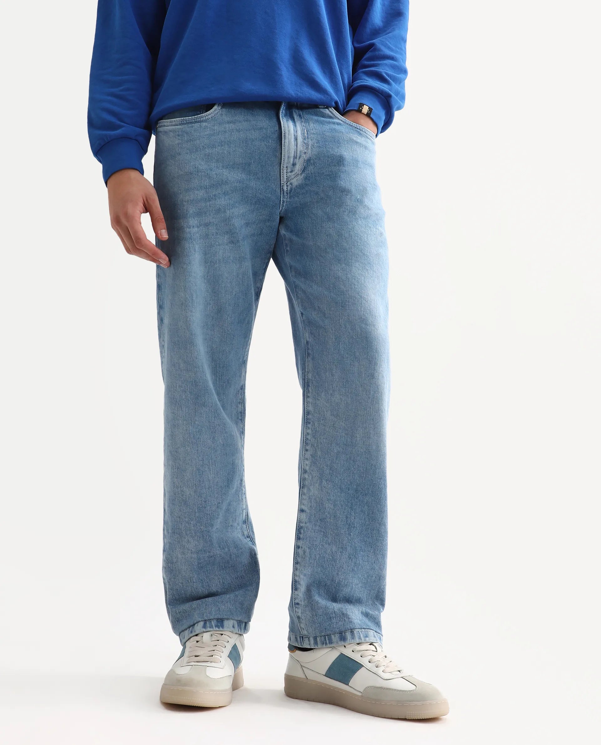 Rare Rabbit Men's Omir-R Light Blue Cotton Blend Fabric Button Closure Morris Regular Fit Plain Jeans