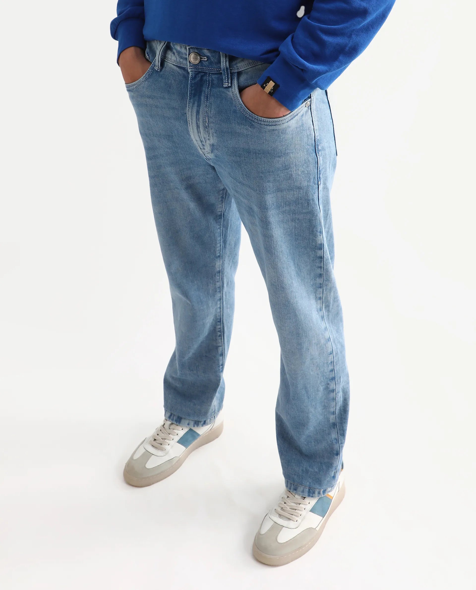 Rare Rabbit Men's Omir-R Light Blue Cotton Blend Fabric Button Closure Morris Regular Fit Plain Jeans