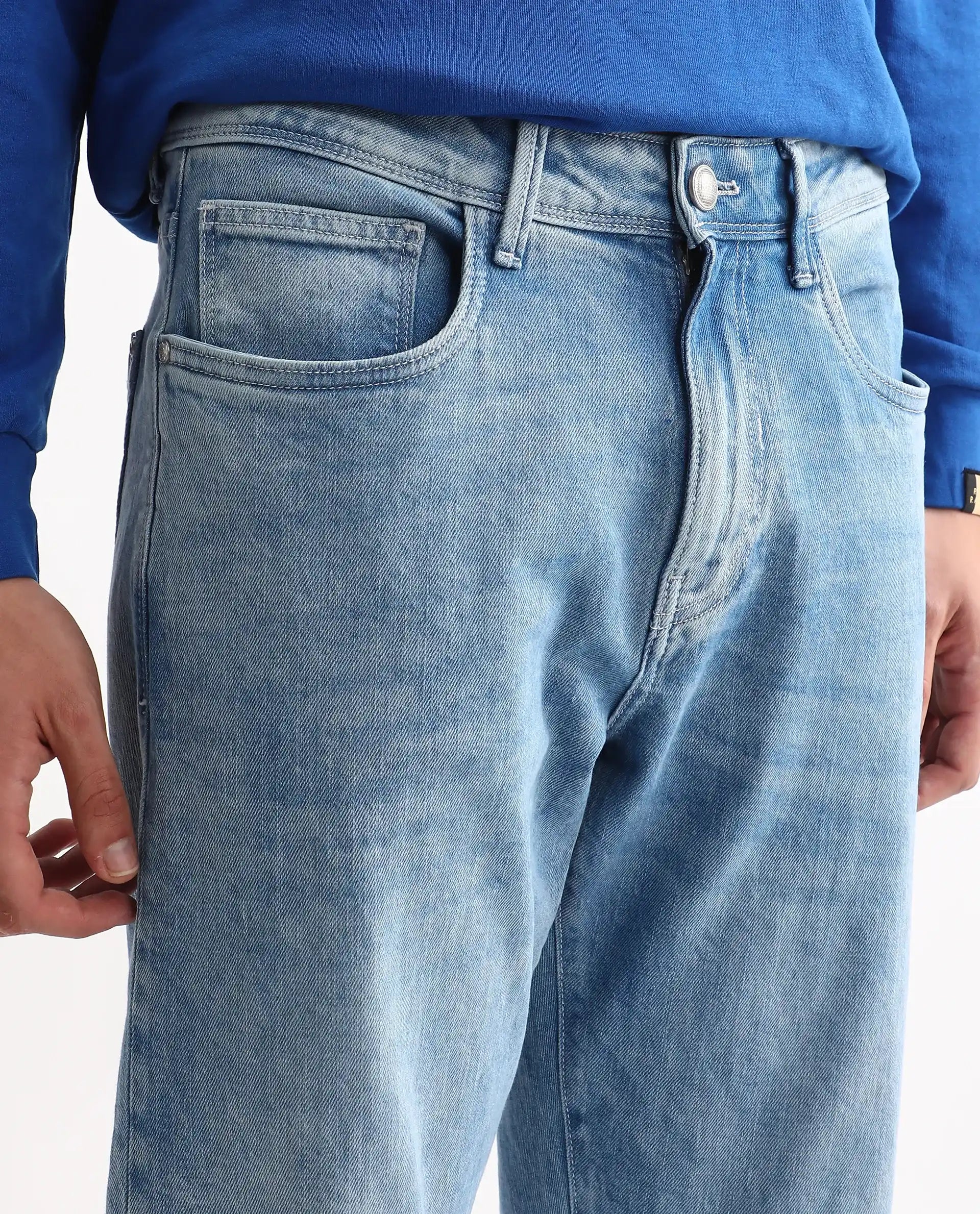 Rare Rabbit Men's Omir-R Light Blue Cotton Blend Fabric Button Closure Morris Regular Fit Plain Jeans