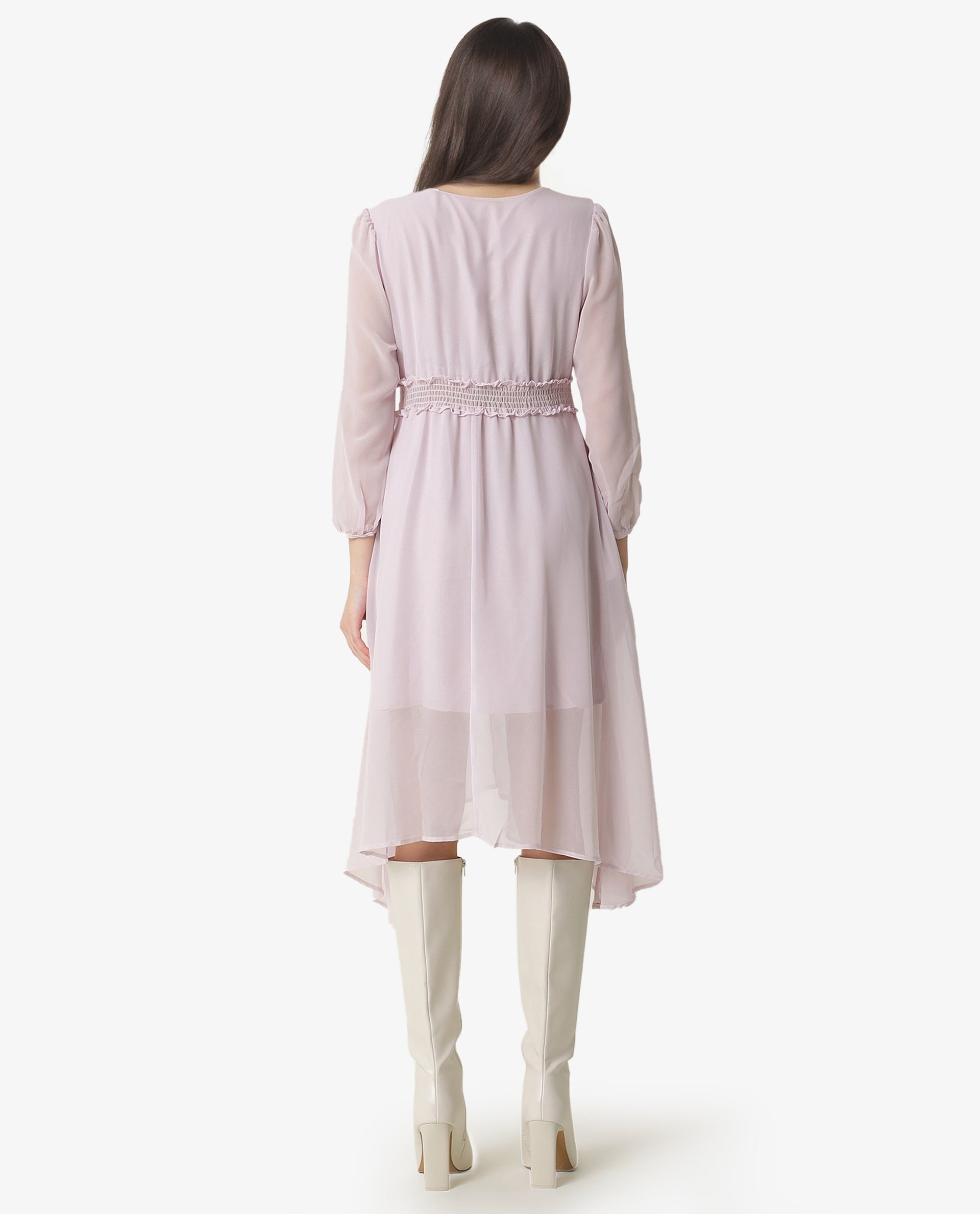 Rareism Women Ommet Purple V Neck Criss Cross Tie Up Neckline Full Sleeve Smocked Waist Panel Asymmetric Knee Length Dress