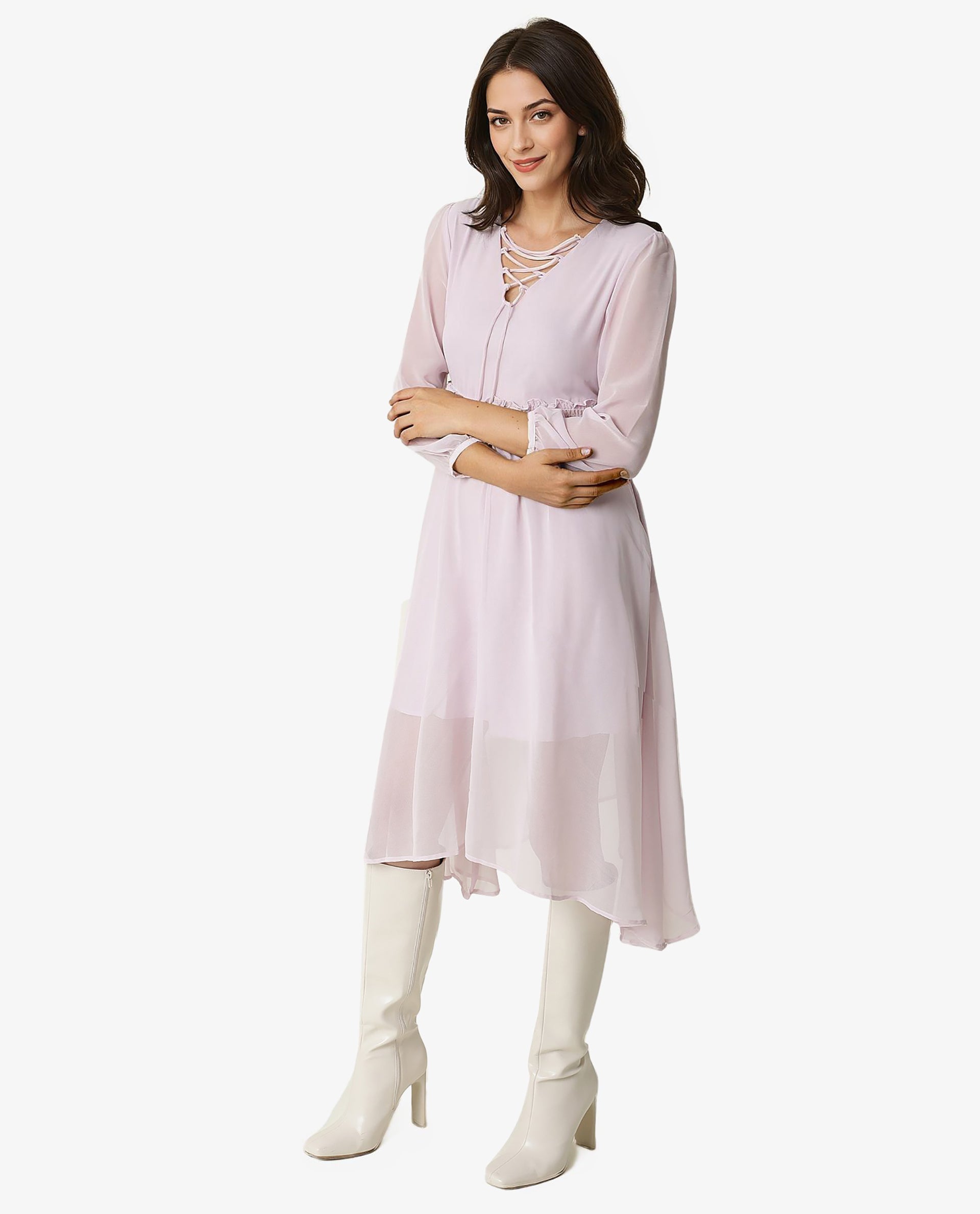 Rareism Women Ommet Purple V Neck Criss Cross Tie Up Neckline Full Sleeve Smocked Waist Panel Asymmetric Knee Length Dress