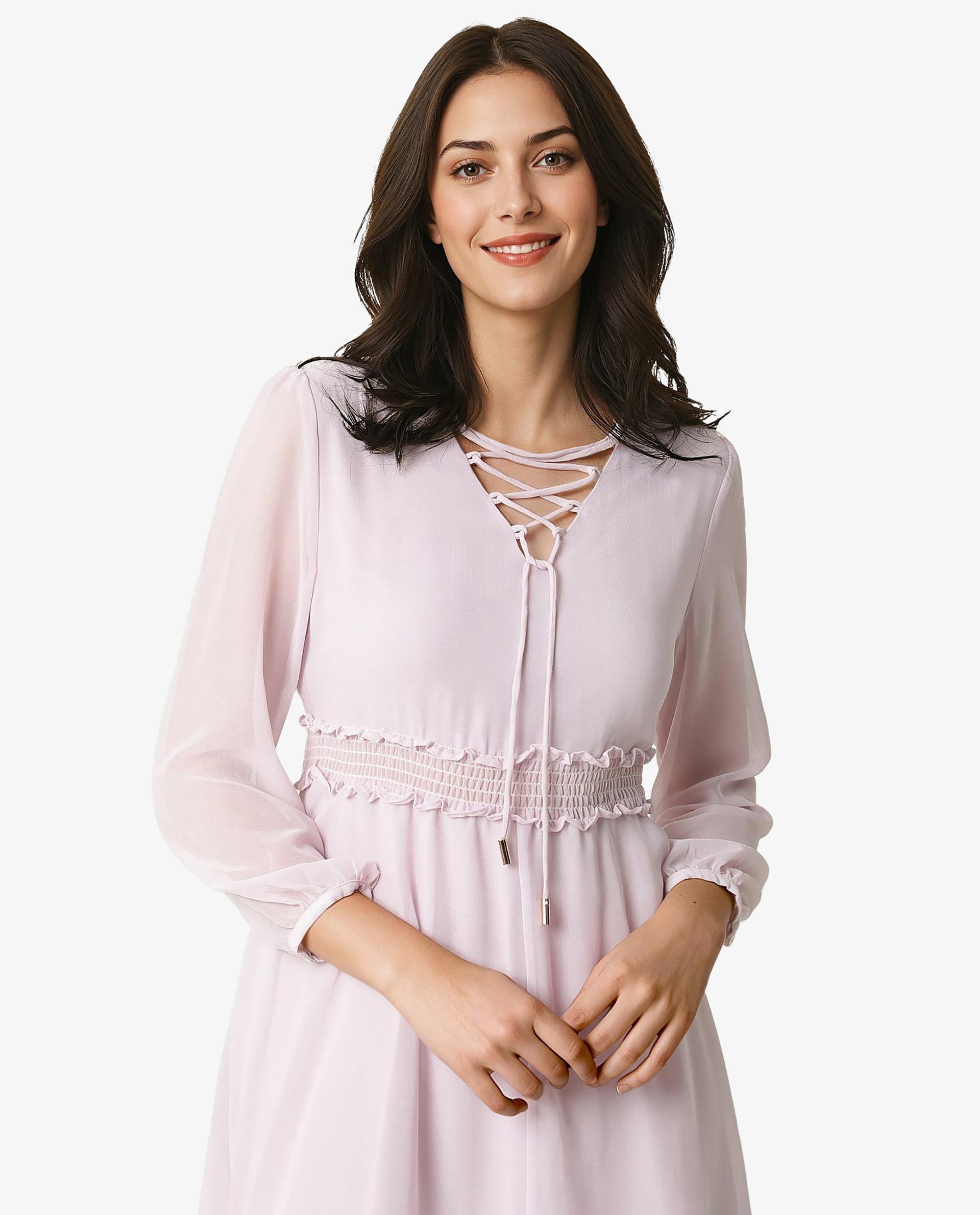 Rareism Women Ommet Purple V Neck Criss Cross Tie Up Neckline Full Sleeve Smocked Waist Panel Asymmetric Knee Length Dress