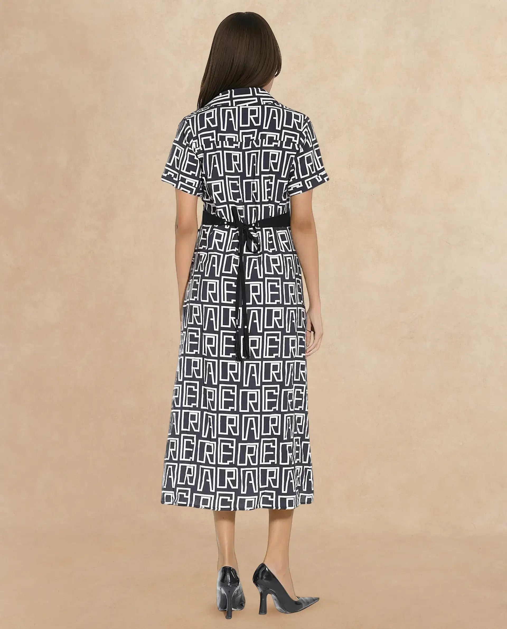 Rareism Women's Onia Black Nylon Blend Drop Collar Monogram Print Maxi Regular Fit Dress