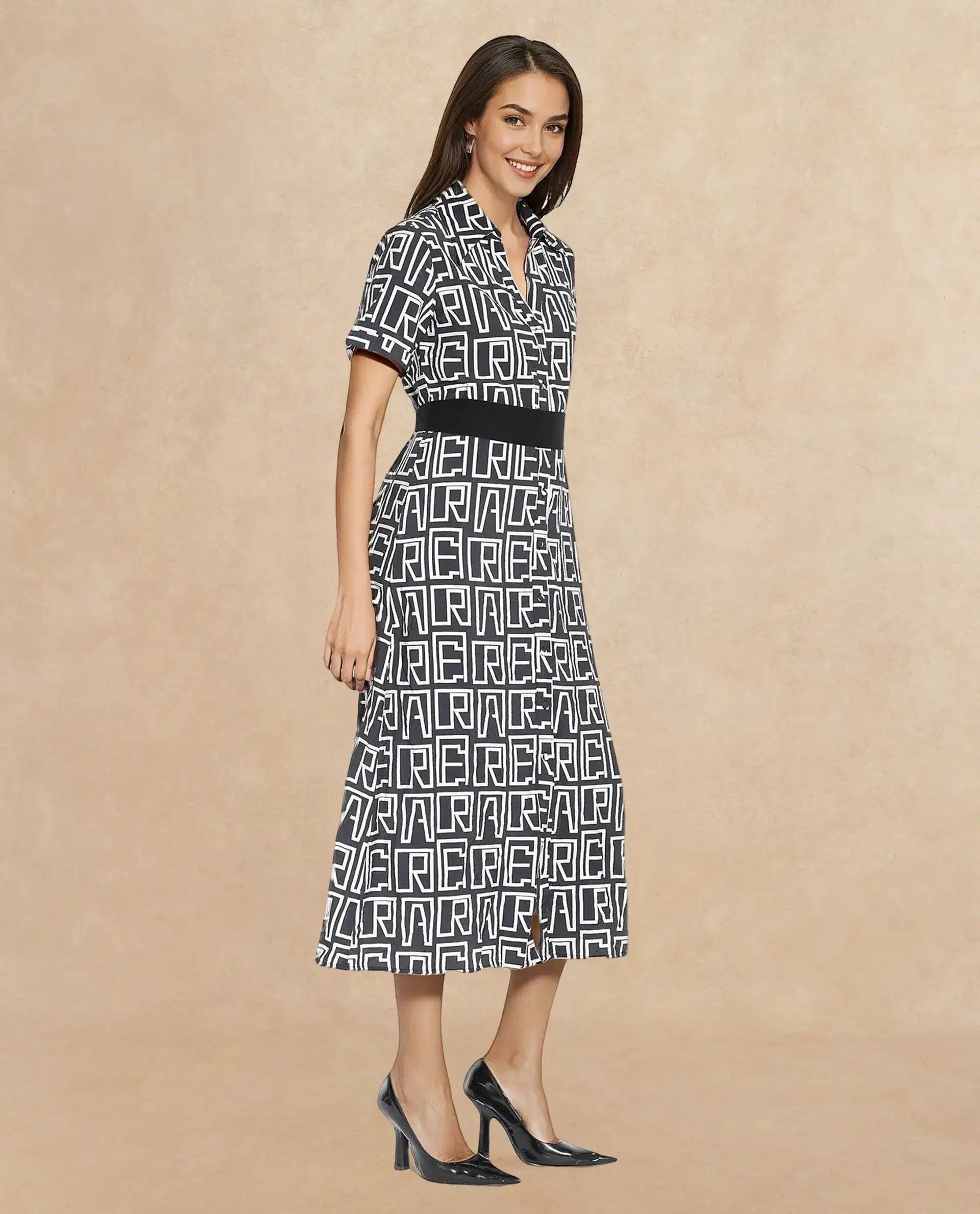 Rareism Women's Onia Black Nylon Blend Drop Collar Monogram Print Maxi Regular Fit Dress