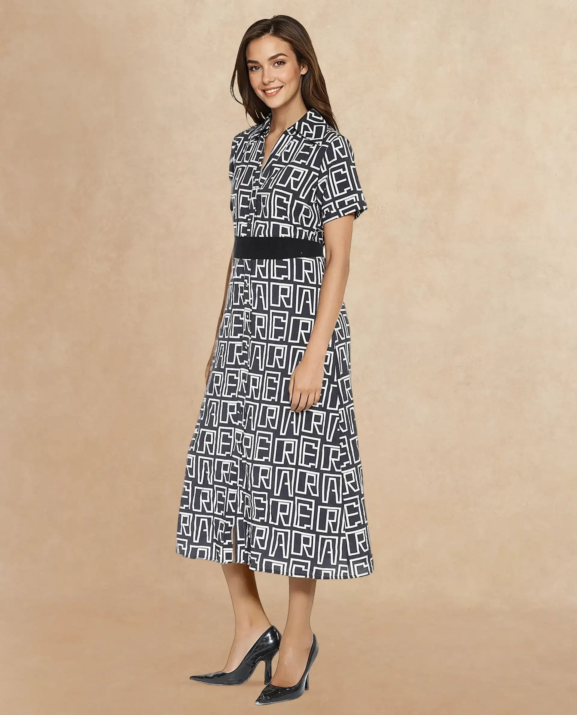 Rareism Women's Onia Black Nylon Blend Drop Collar Monogram Print Maxi Regular Fit Dress