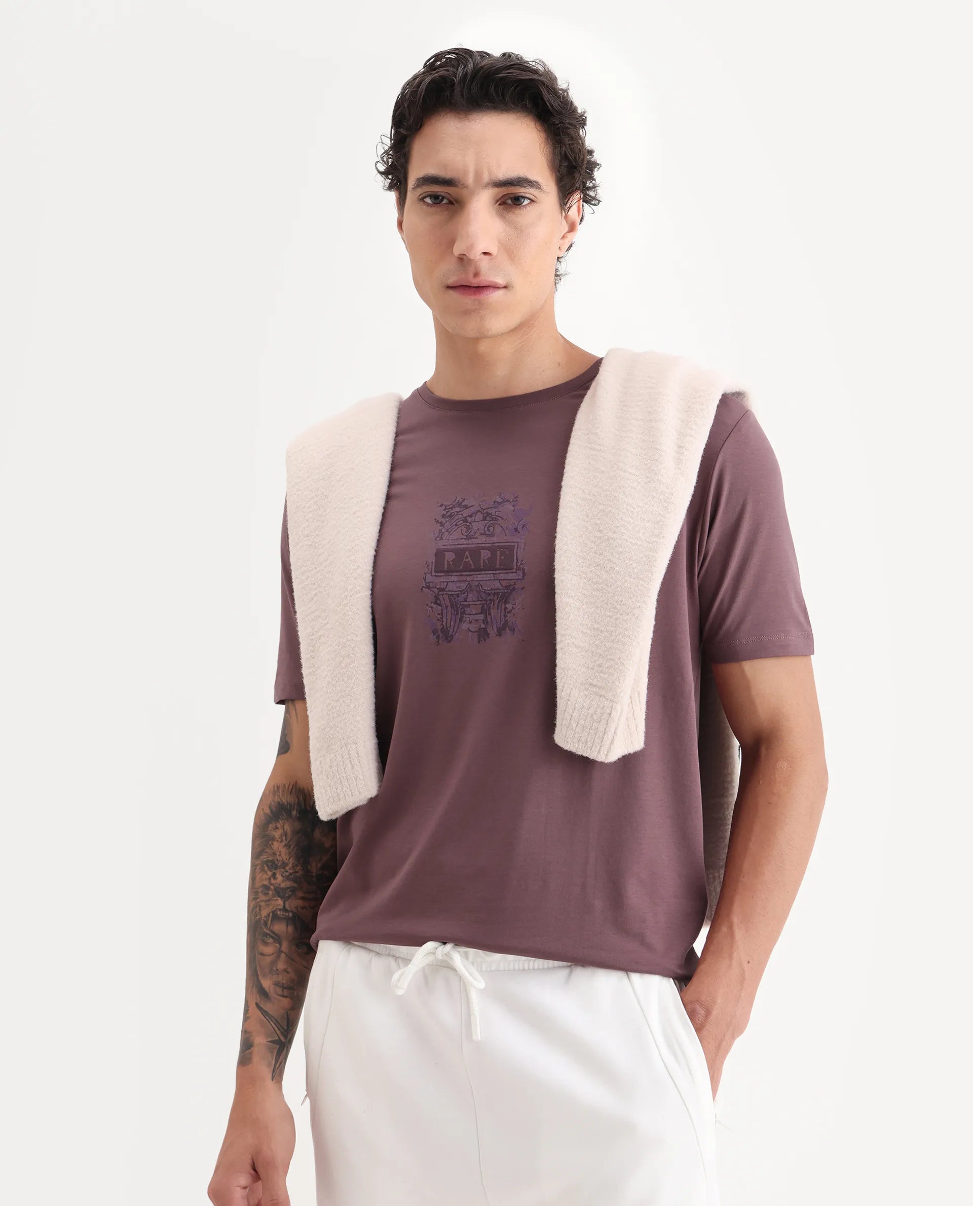 Rare Rabbit Men's Onic Dusky Pink Cotton Blend Graphic Print Regular Fit Half Sleeve Crew Neck T-Shirt