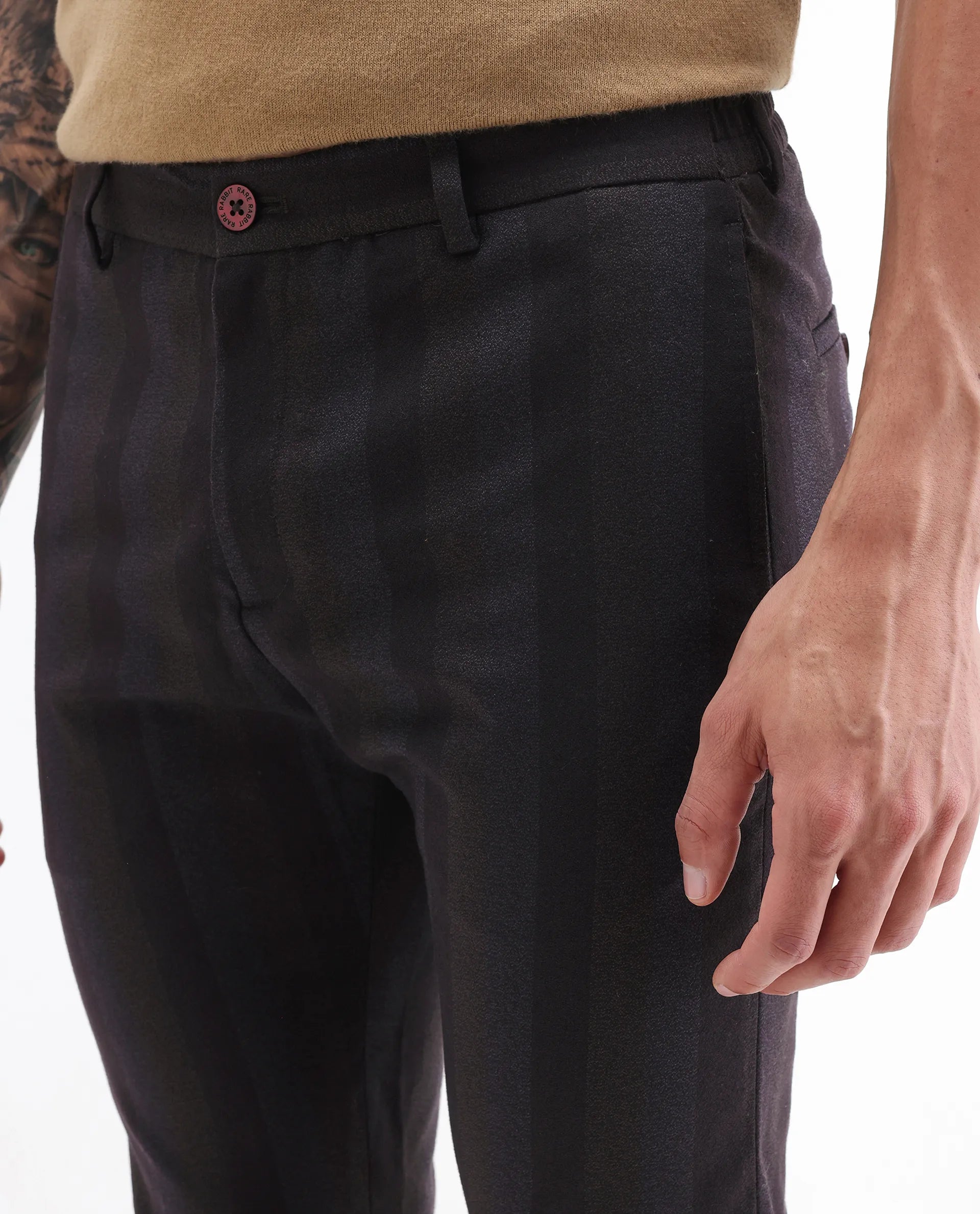 Rare Rabbit Men's Onio Maroon Polyester Striped Print Regular Fit Trouser