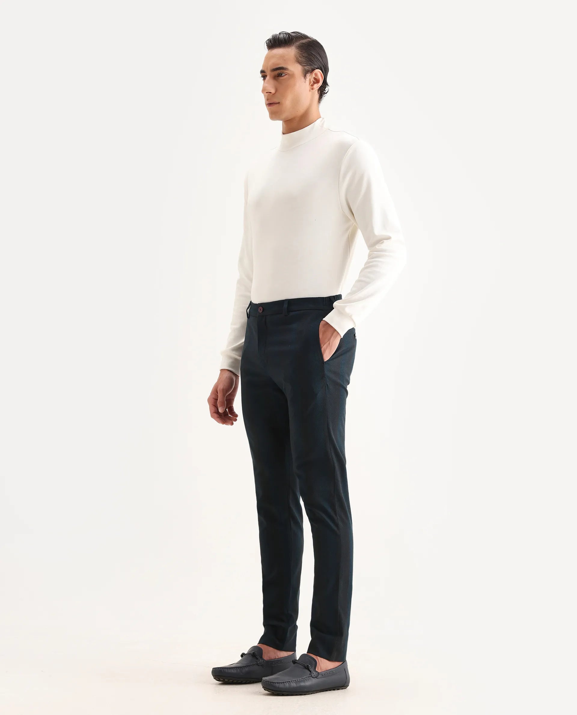 Rare Rabbit Men's Onio Petrol Plain Regular Fit Trouser
