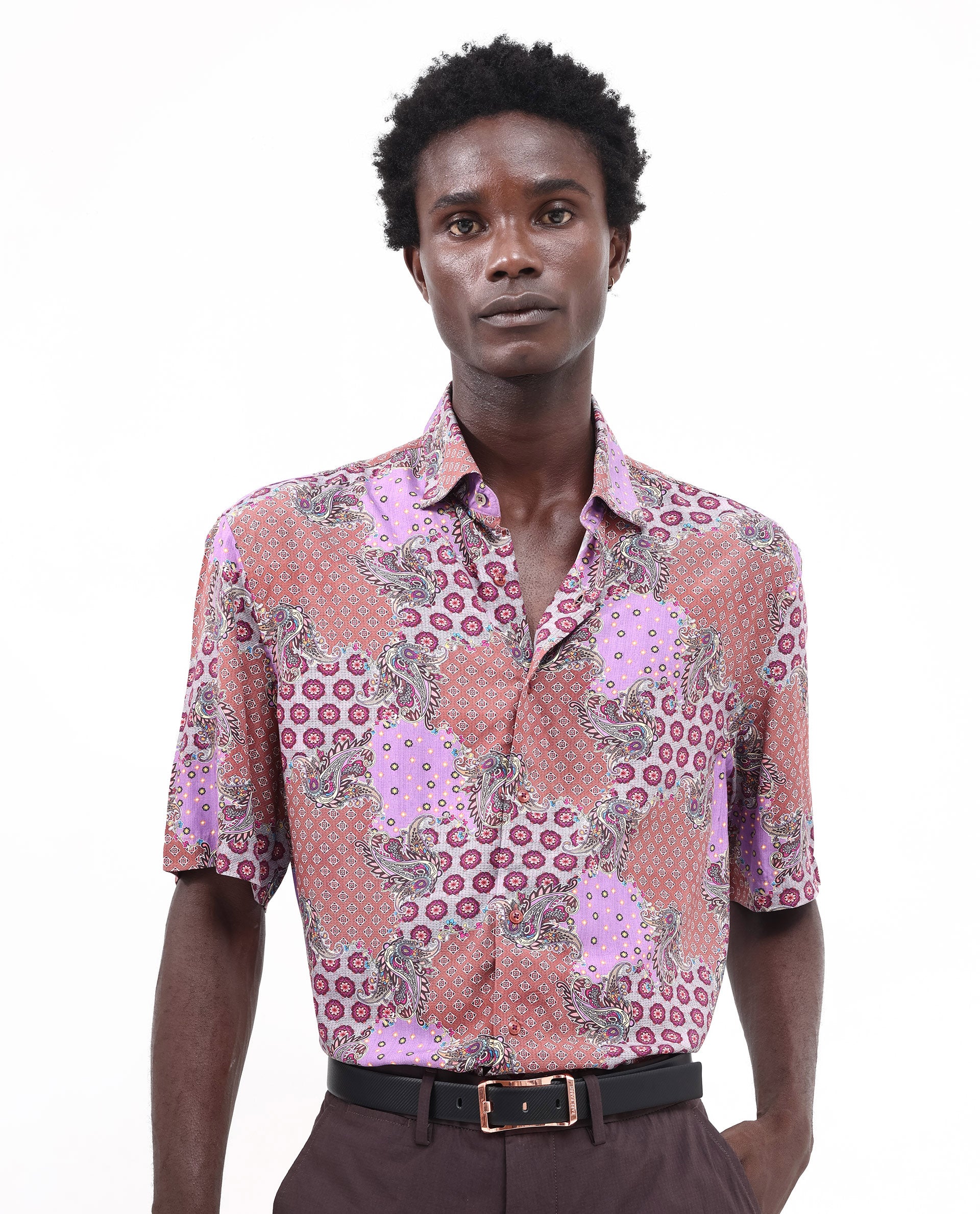 Rare Rabbit Men's Onslo SS Brown Viscose Fabric Short Sleeves Boxy Fit Abstract Botanical Print Shirt