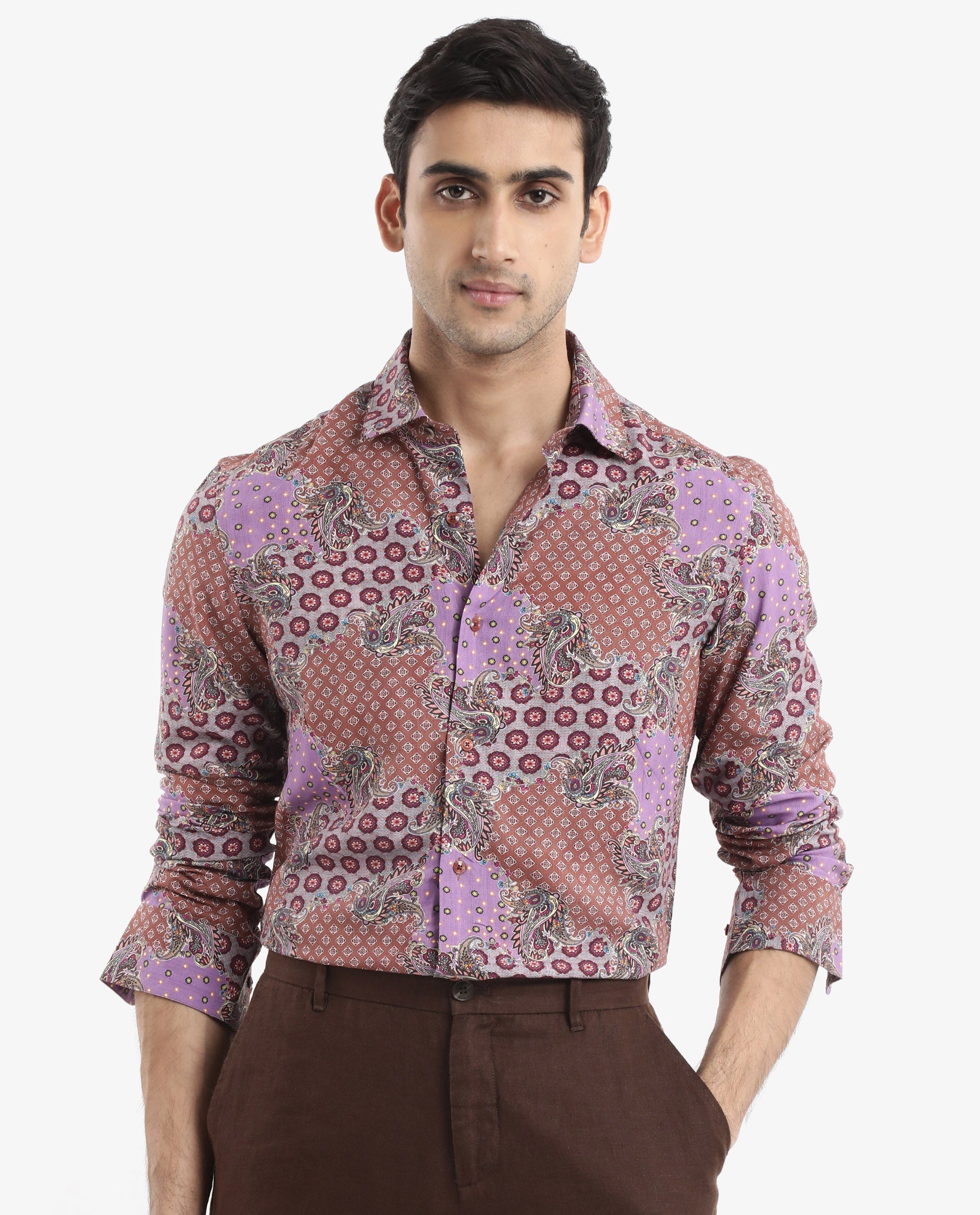 Rare Rabbit Men's Onslo LS Brown Viscose Fabric Full Sleeves Regular Fit Abstract Botanical Print Shirt