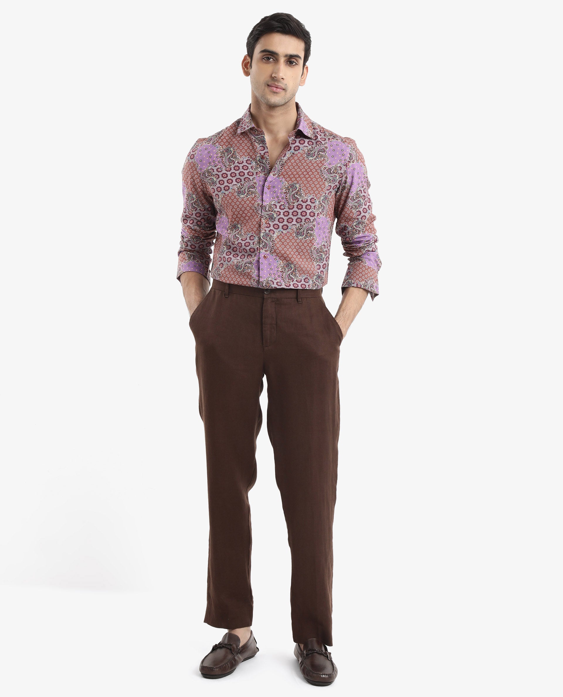 Rare Rabbit Men's Onslo LS Brown Viscose Fabric Full Sleeves Regular Fit Abstract Botanical Print Shirt