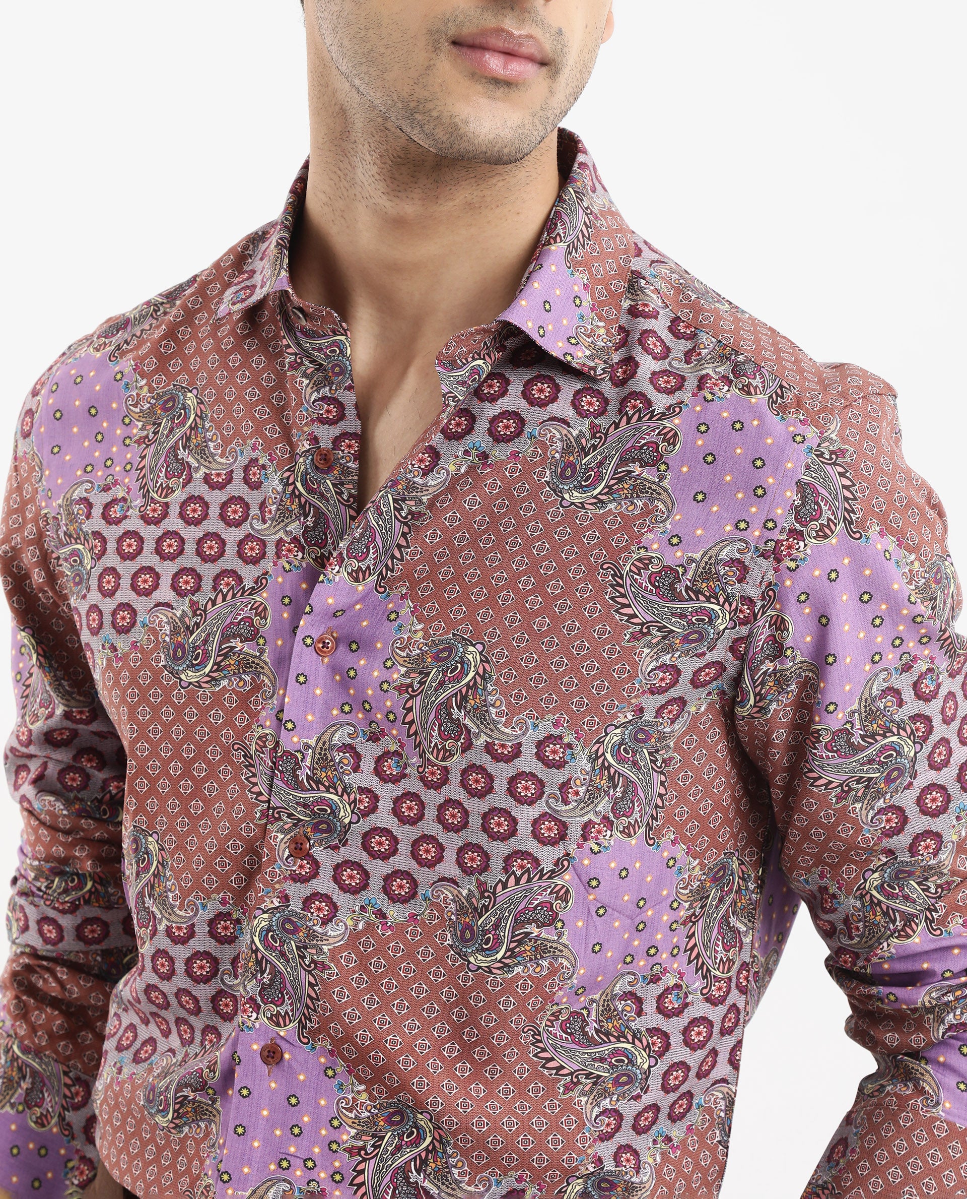 Rare Rabbit Men's Onslo LS Brown Viscose Fabric Full Sleeves Regular Fit Abstract Botanical Print Shirt