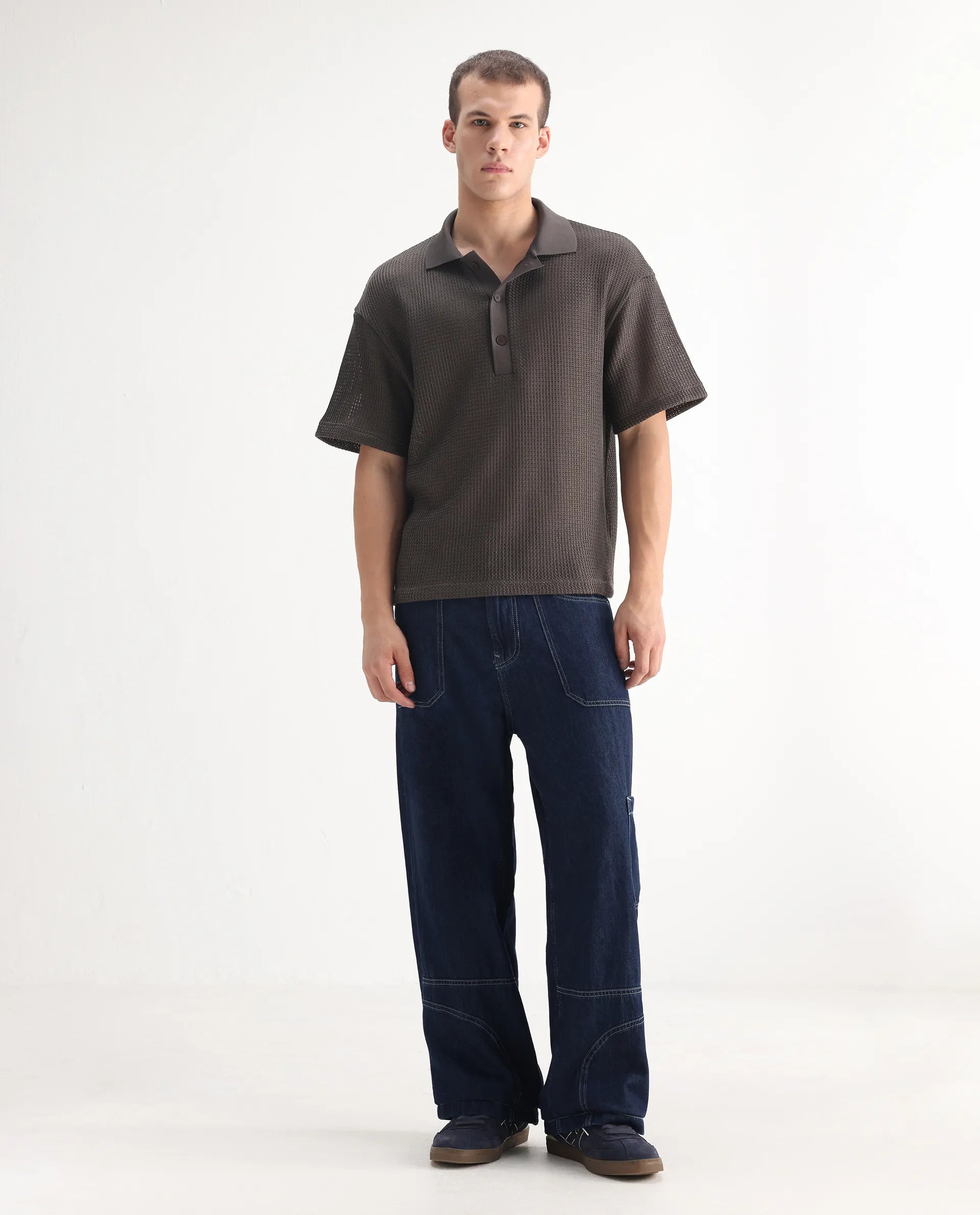 Rare Rabbit Men's Onyx Dark Blue Cotton Blend Plain Baggy Fit Jeans