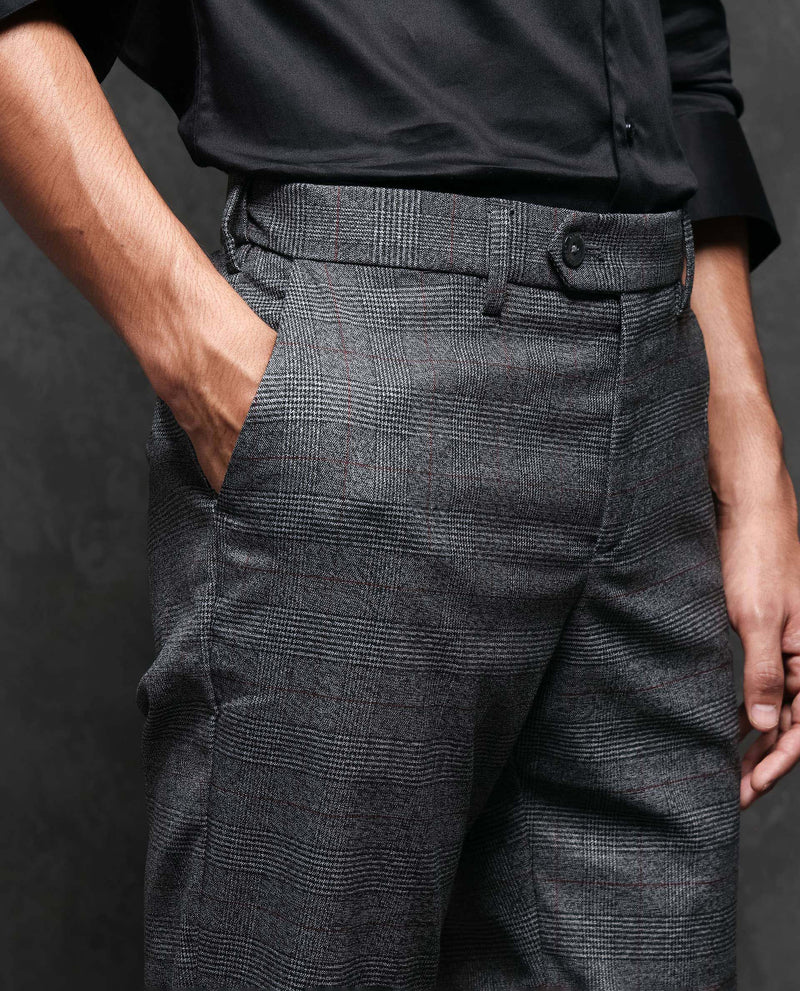 Rare Rabbit Men's Opal Dark Grey Mid-Rise Regular Fit Cavalry Style Premium Checks Trouser