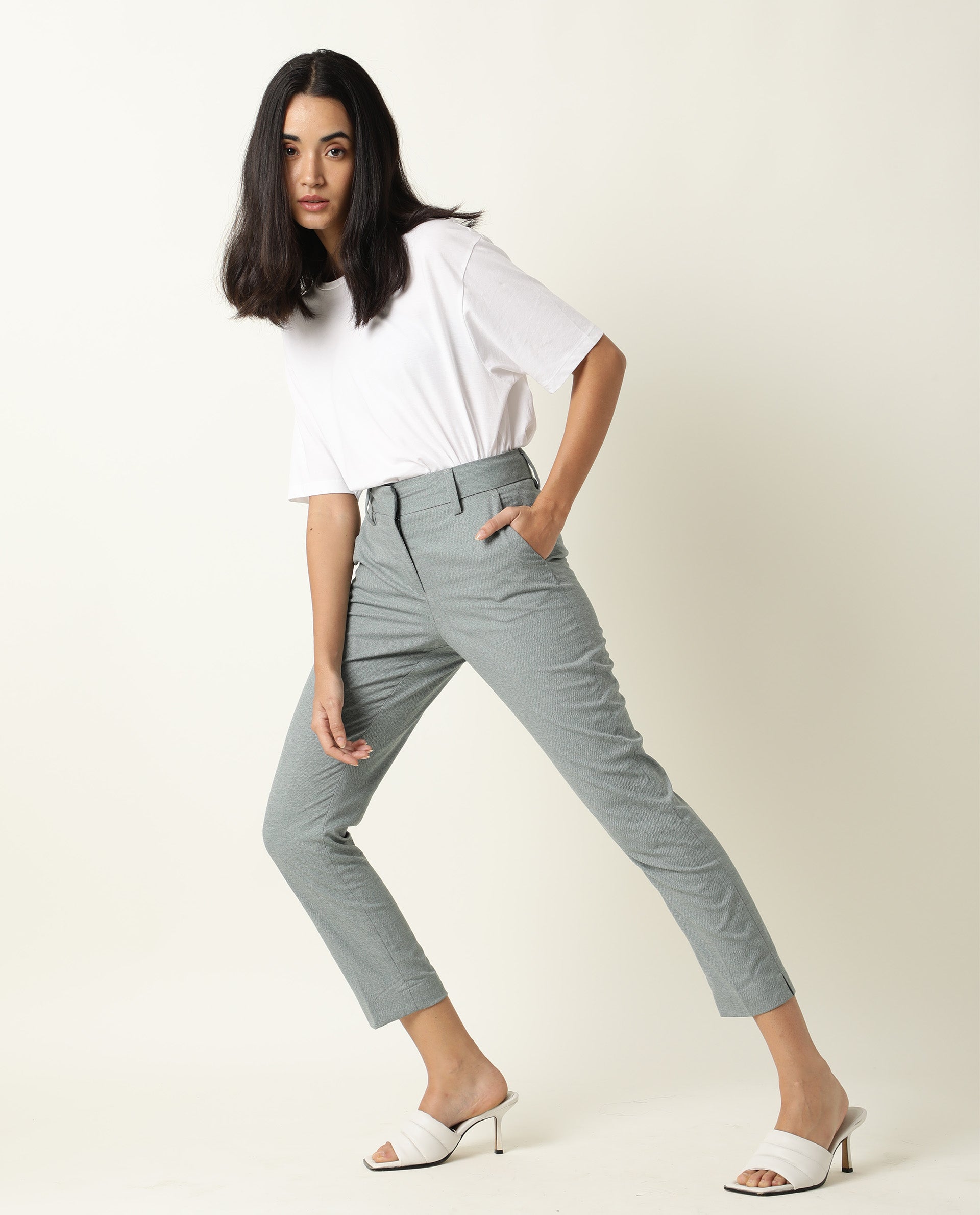 Rareism Women Ophilia Green Trousers Cotton Poly Fabric Full Sleeves Button Closure Solid