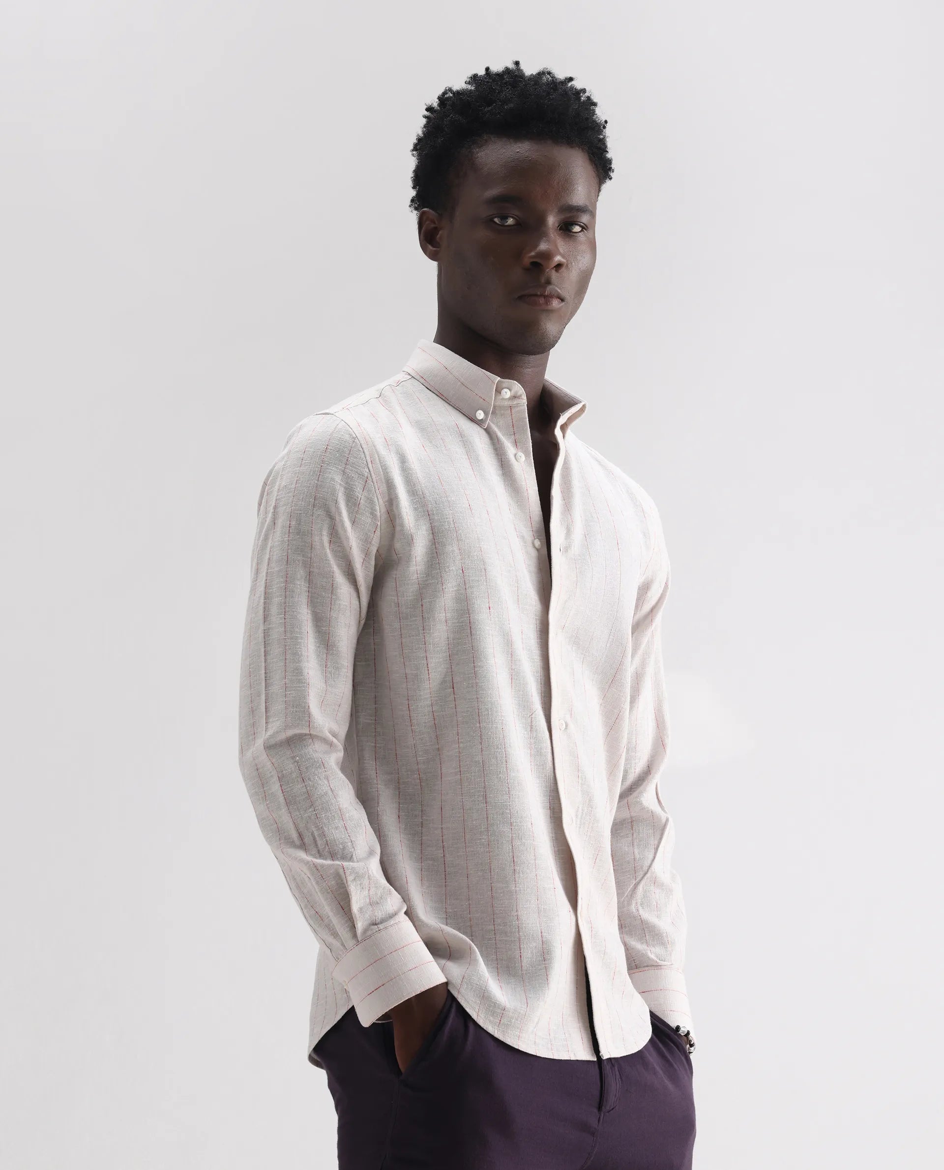 Rare Rabbit Men's Opis Off White Linen Blend Striped Print Regular Fit Full Sleeve Collared Shirt