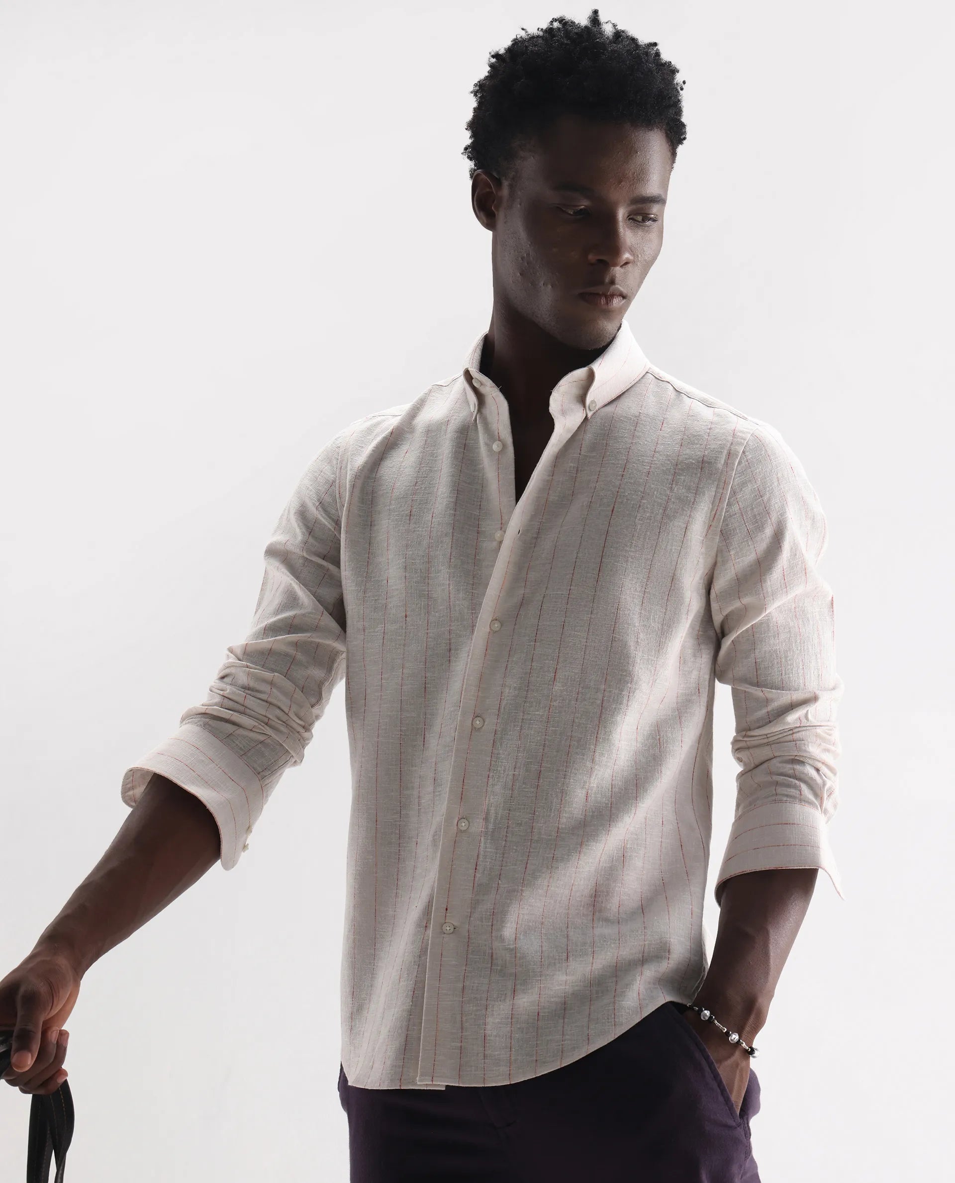 Rare Rabbit Men's Opis Off White Linen Blend Striped Print Regular Fit Full Sleeve Collared Shirt