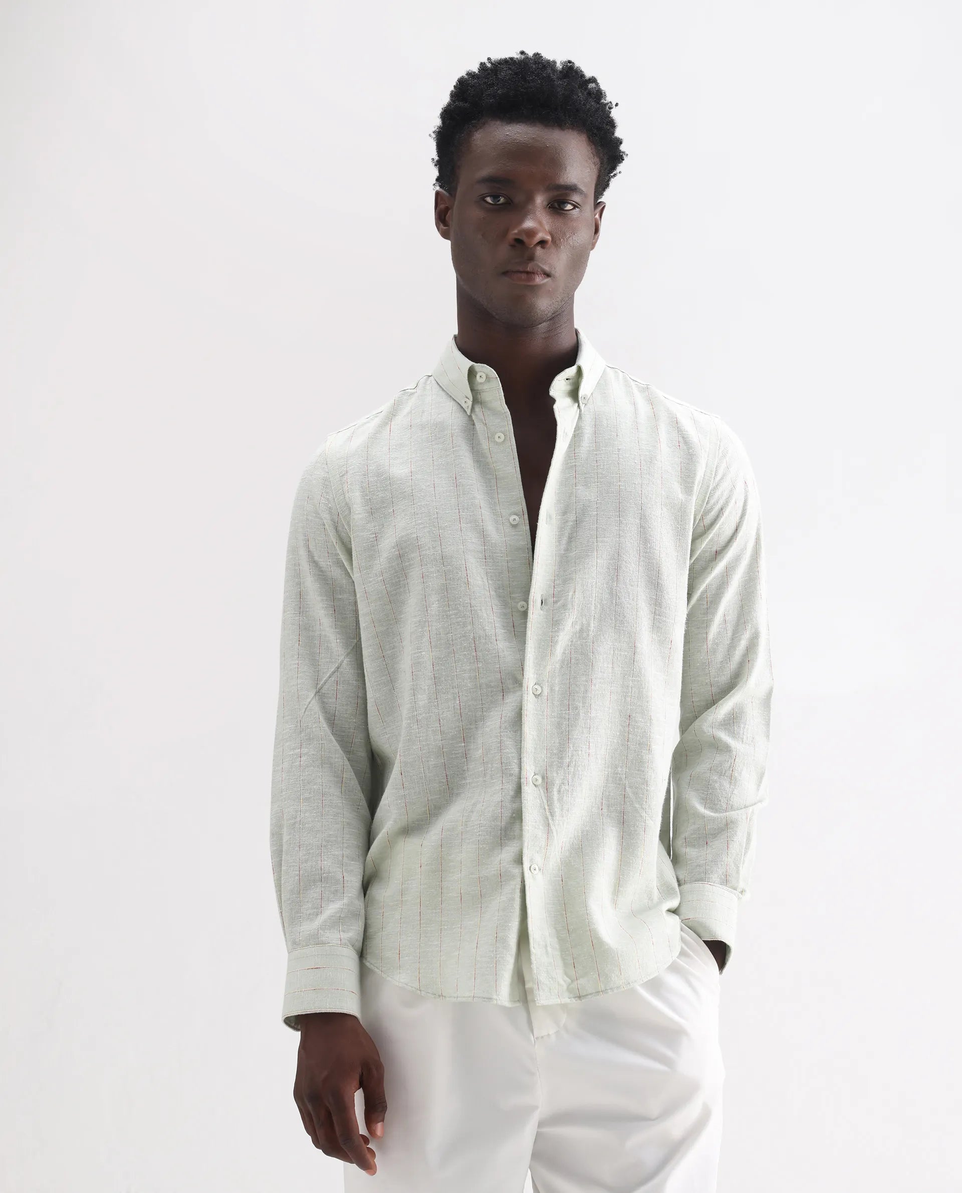 Rare Rabbit Men's Opis Sage Linen Blend Striped Print Regular Fit Full Sleeve Collared Shirt