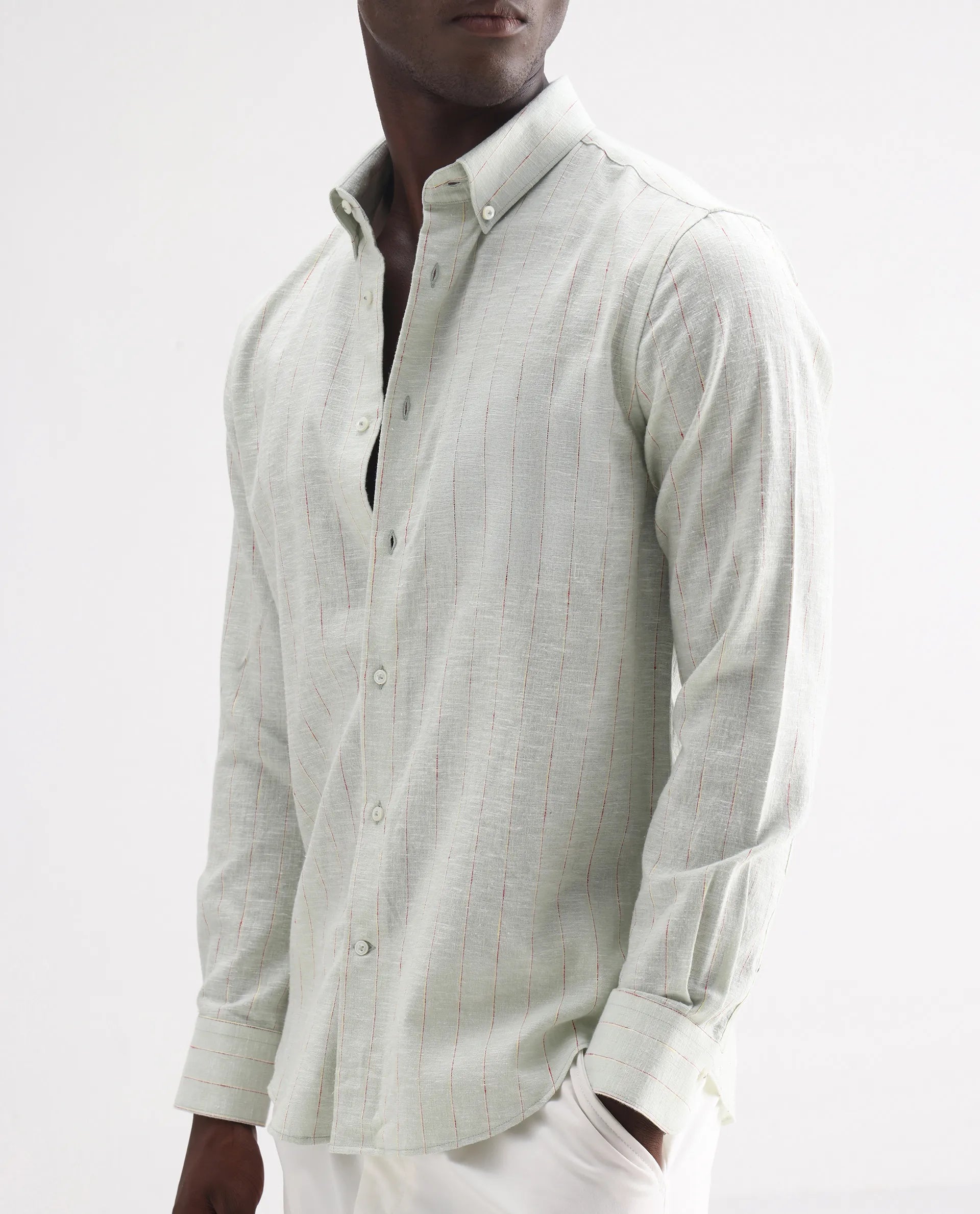 Rare Rabbit Men's Opis Sage Linen Blend Striped Print Regular Fit Full Sleeve Collared Shirt