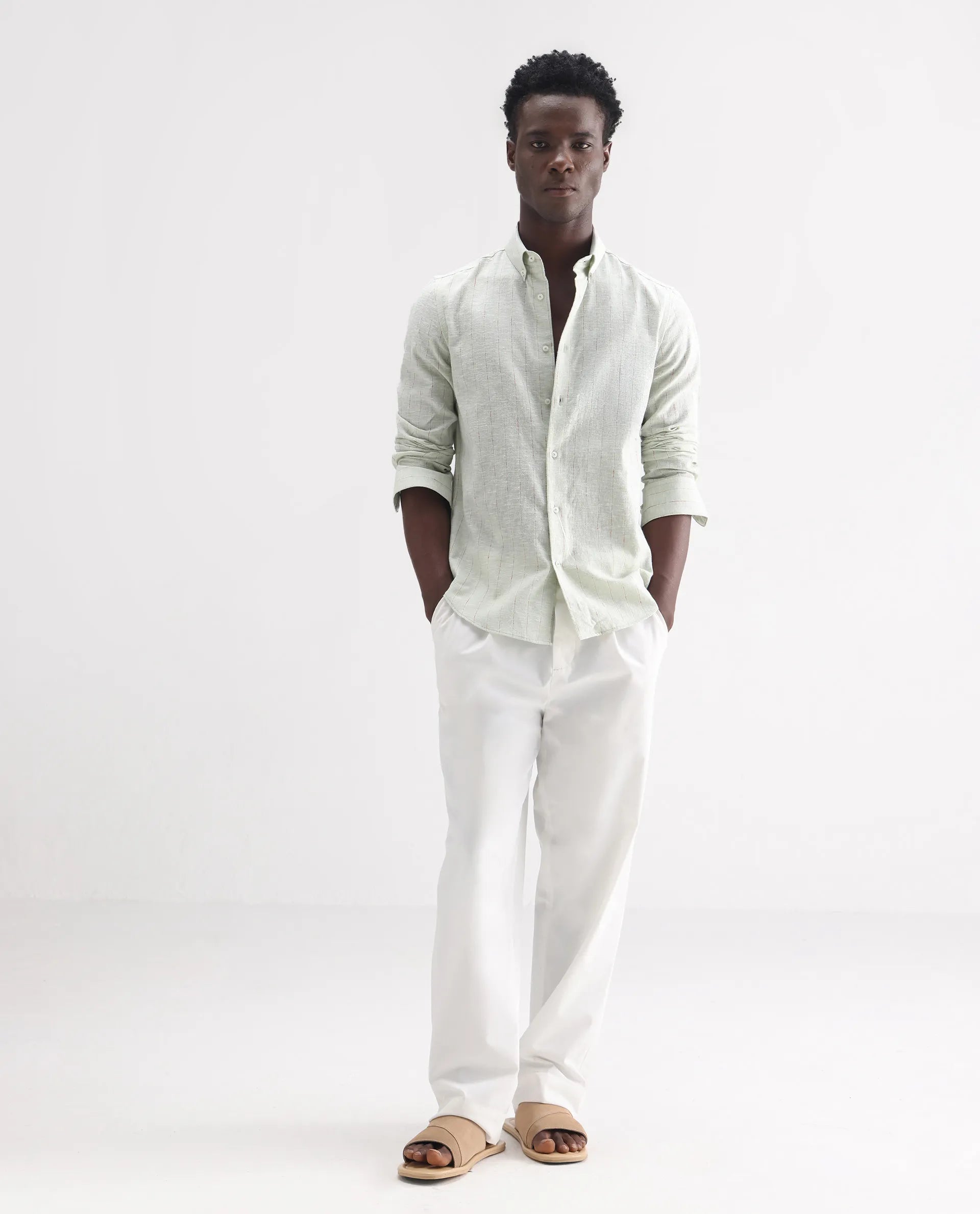 Rare Rabbit Men's Opis Sage Linen Blend Striped Print Regular Fit Full Sleeve Collared Shirt