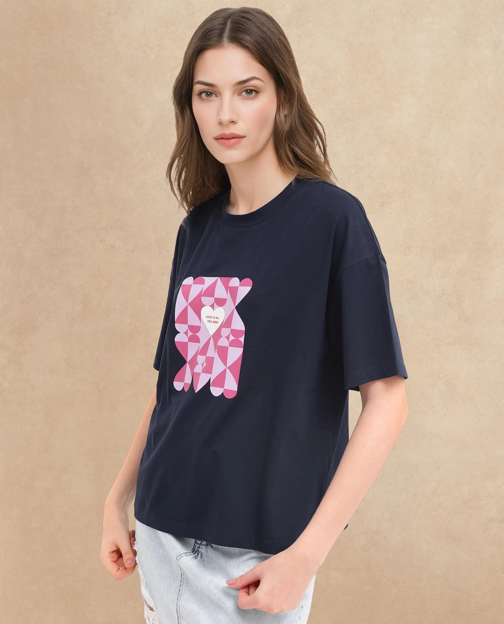 Rareism Women's Oppamen Dark Navy Cotton Blend Crew Neck Graphic Print Boxy Fit T-Shirt