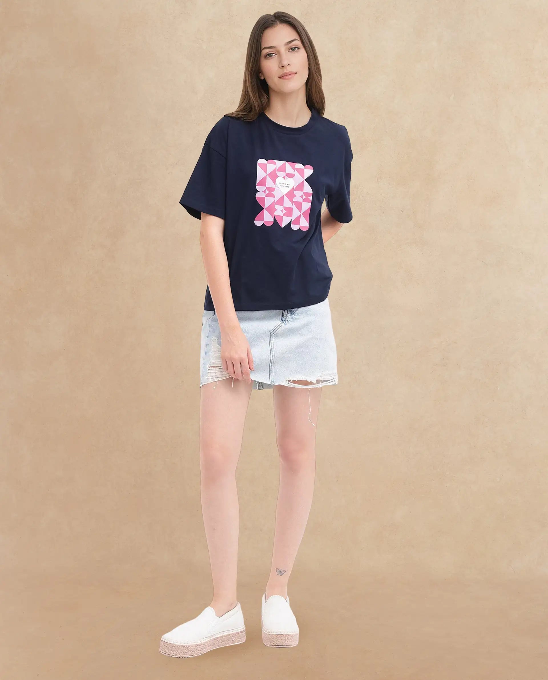 Rareism Women's Oppamen Dark Navy Cotton Blend Crew Neck Graphic Print Boxy Fit T-Shirt