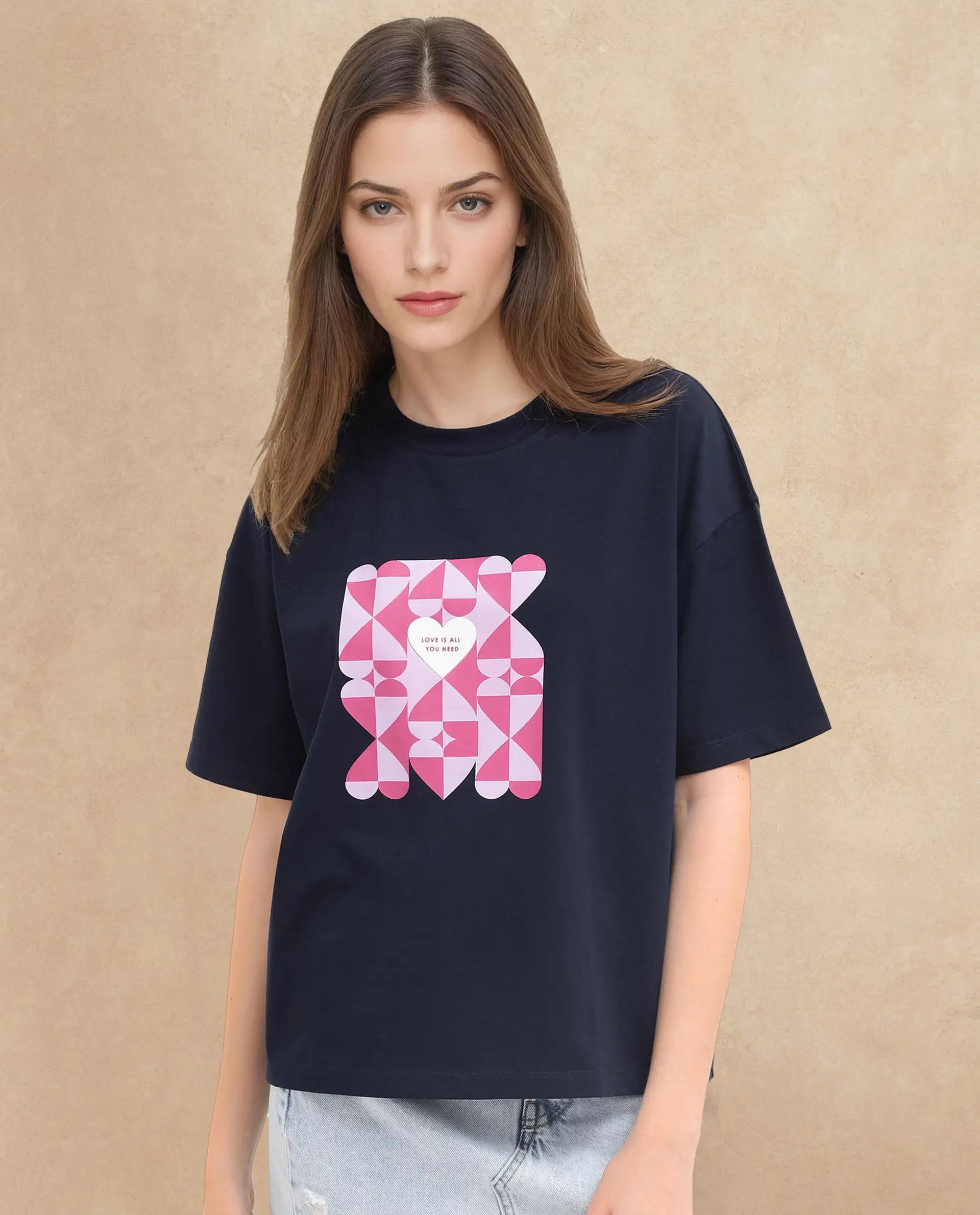 Rareism Women's Oppamen Dark Navy Cotton Blend Crew Neck Graphic Print Boxy Fit T-Shirt