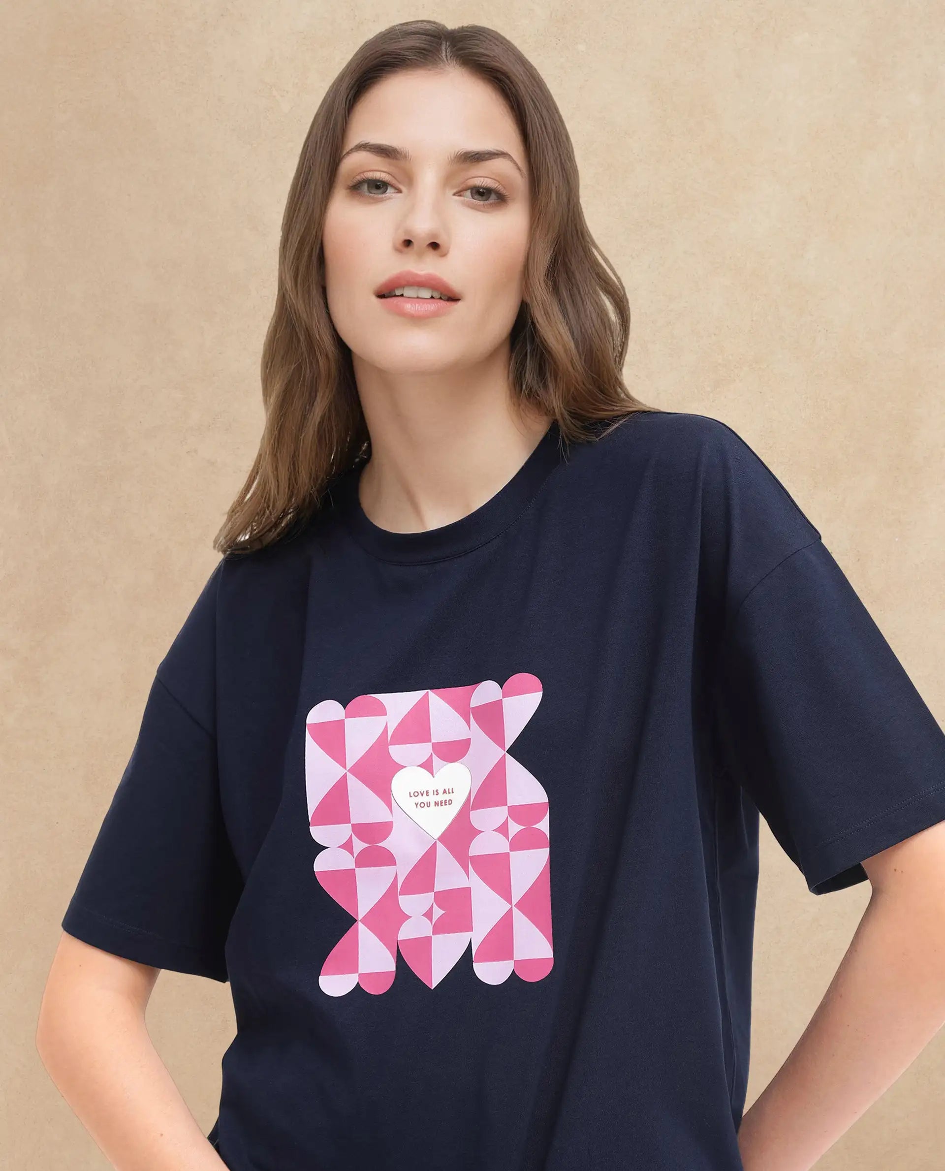 Rareism Women's Oppamen Dark Navy Cotton Blend Crew Neck Graphic Print Boxy Fit T-Shirt