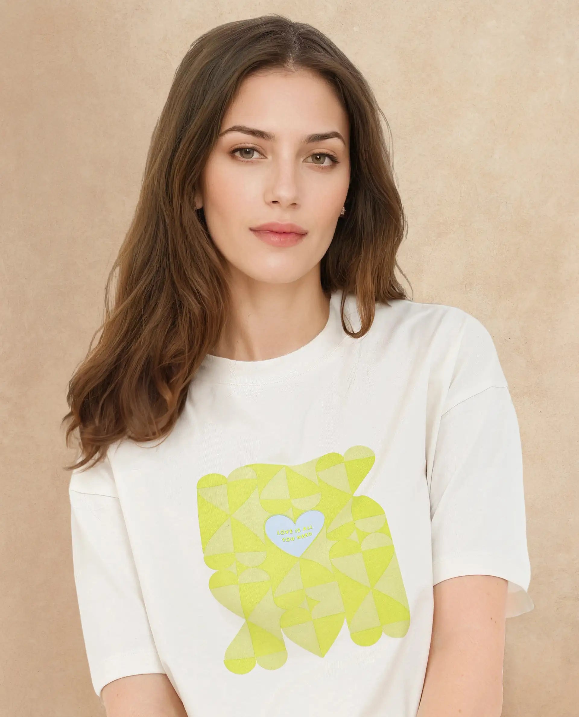 Rareism Women's Oppamen Off White Cotton Blend Crew Neck Graphic Print Boxy Fit T-Shirt