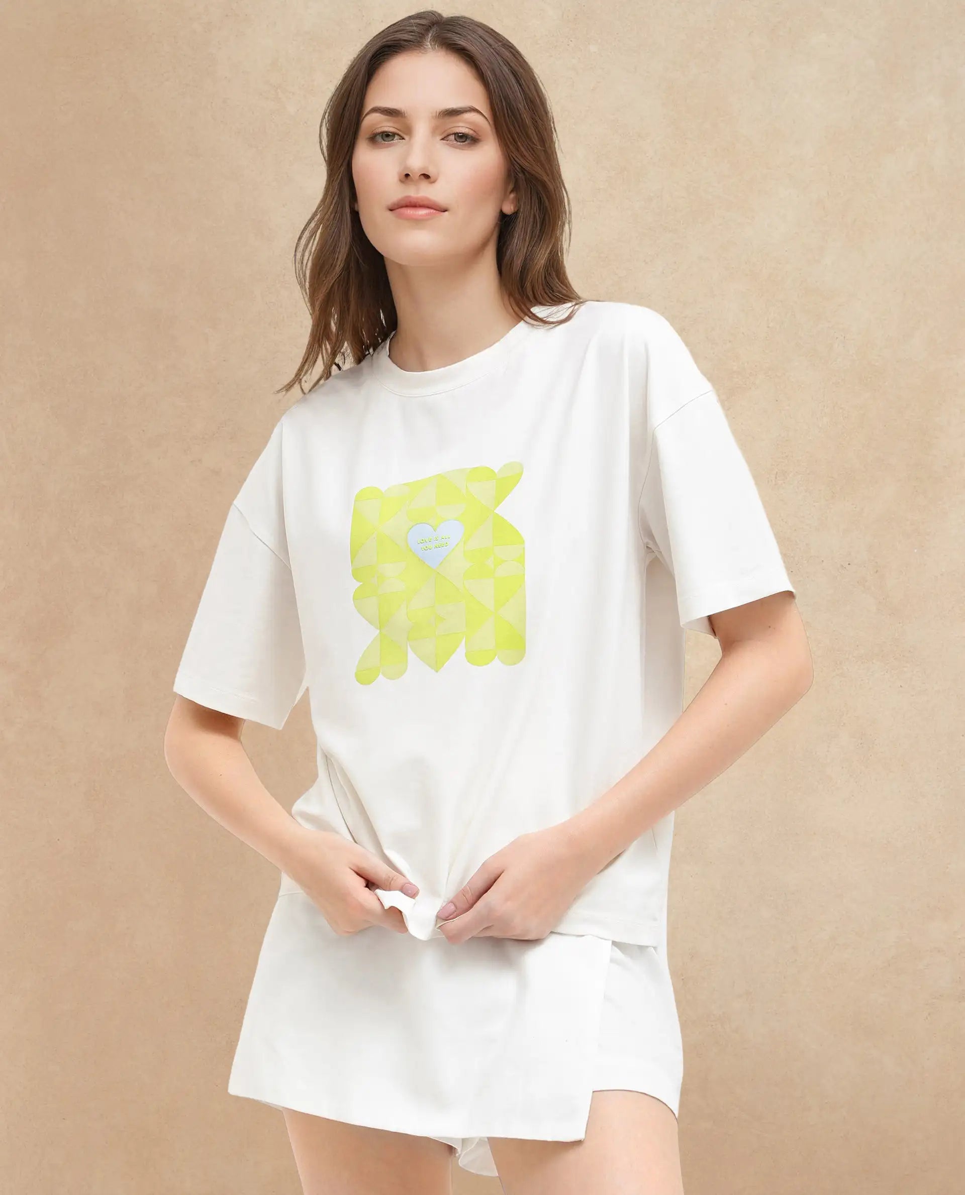 Rareism Women's Oppamen Off White Cotton Blend Crew Neck Graphic Print Boxy Fit T-Shirt