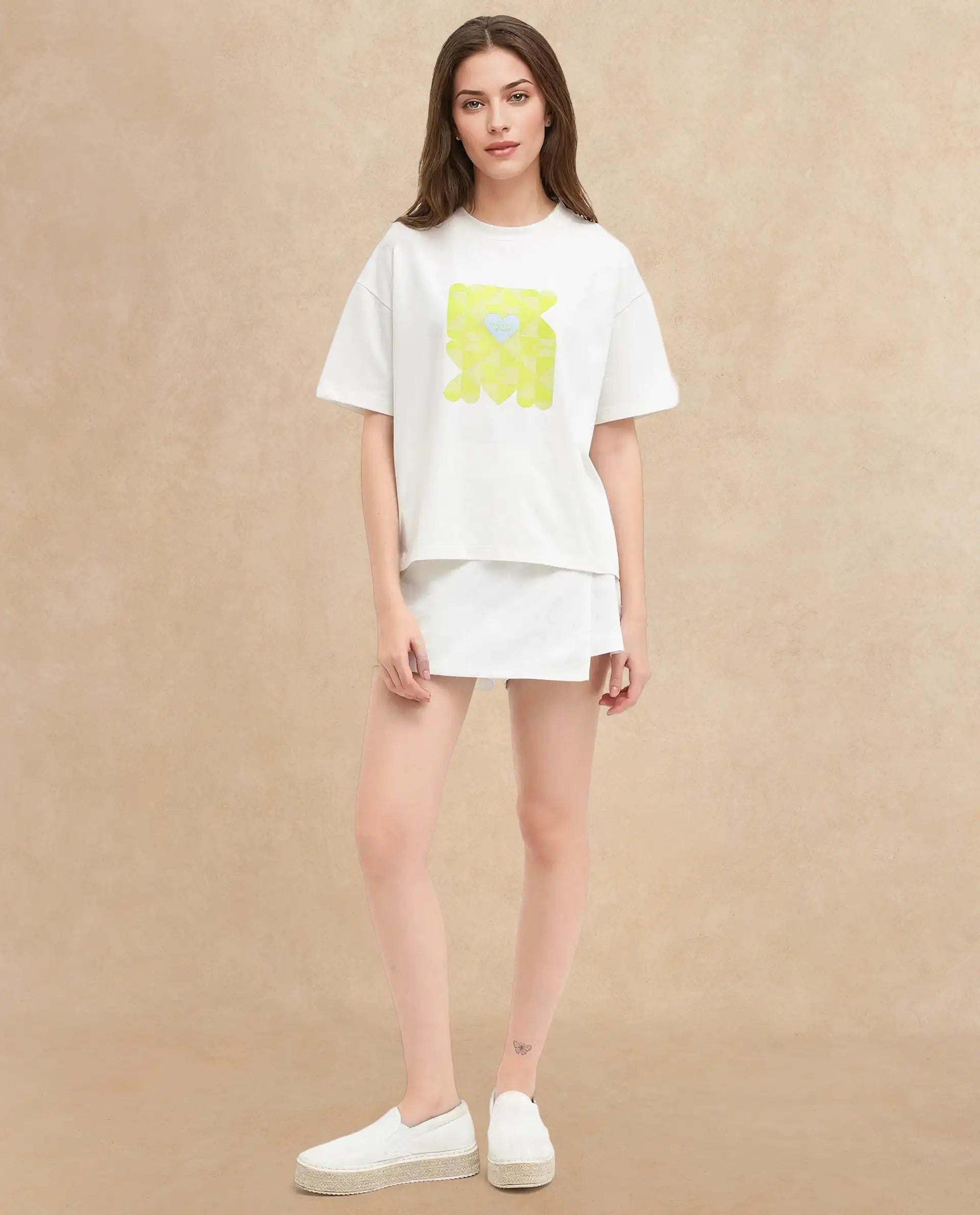 Rareism Women's Oppamen Off White Cotton Blend Crew Neck Graphic Print Boxy Fit T-Shirt