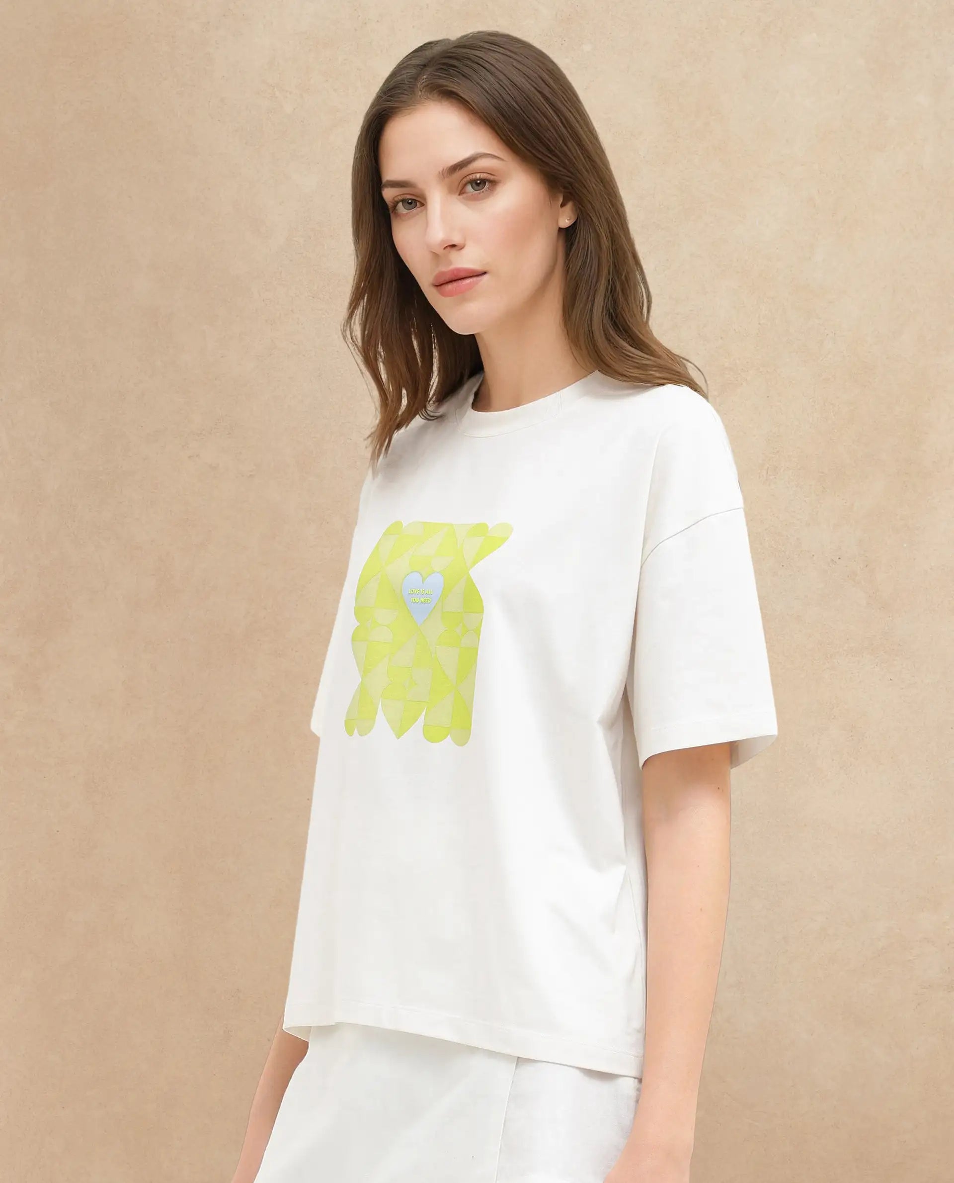 Rareism Women's Oppamen Off White Cotton Blend Crew Neck Graphic Print Boxy Fit T-Shirt