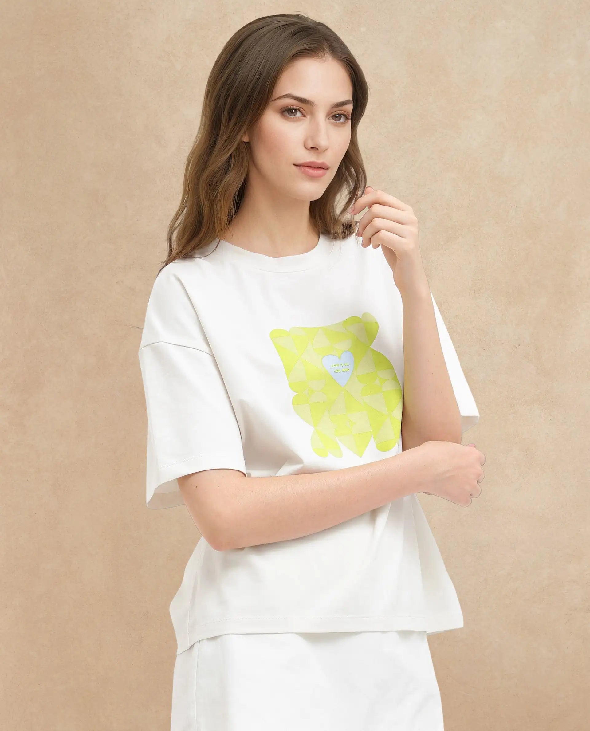 Rareism Women's Oppamen Off White Cotton Blend Crew Neck Graphic Print Boxy Fit T-Shirt