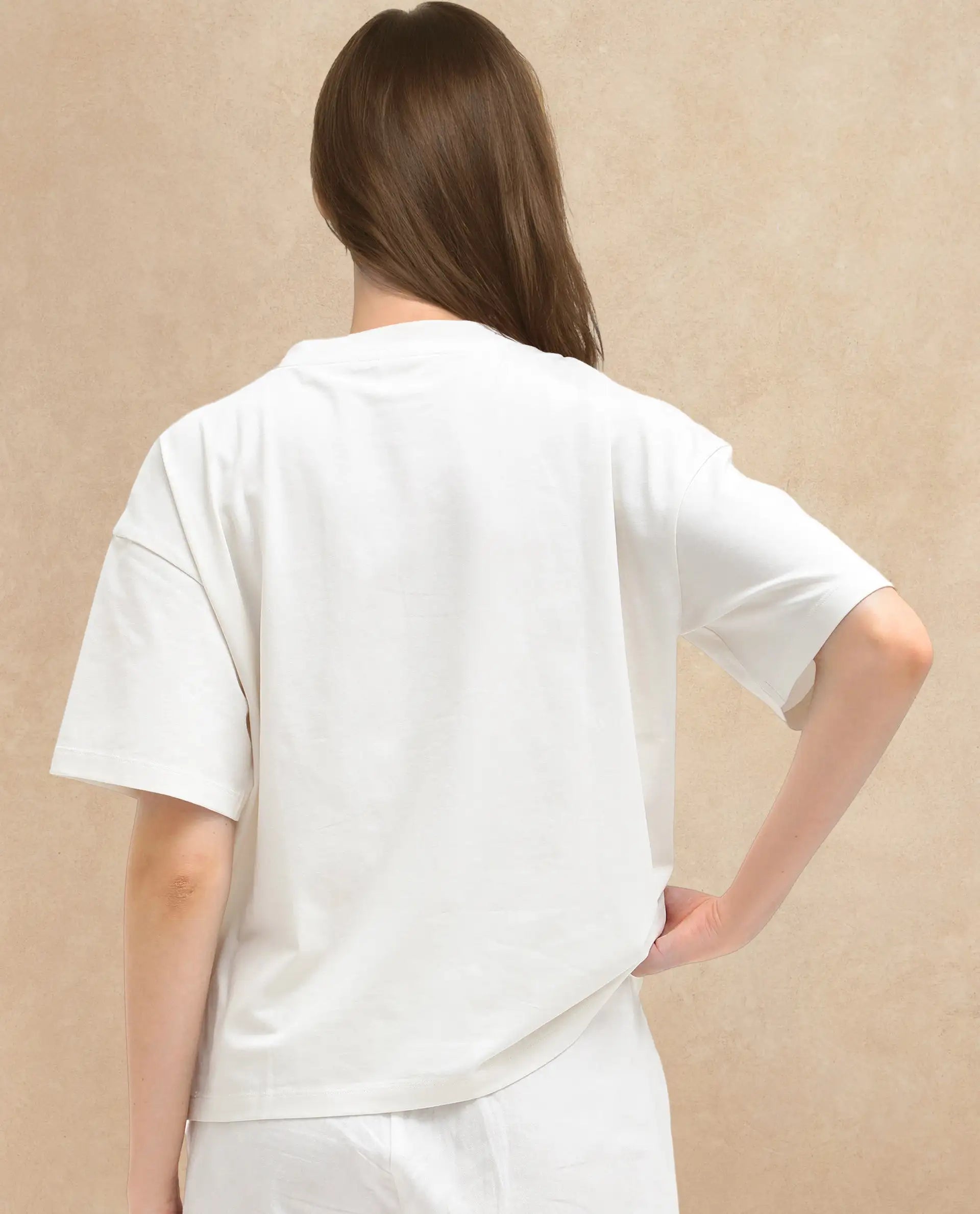 Rareism Women's Oppamen Off White Cotton Blend Crew Neck Graphic Print Boxy Fit T-Shirt