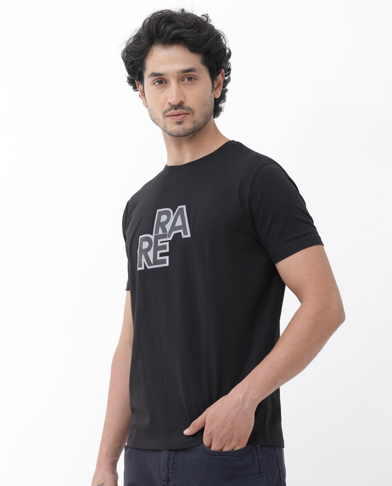 Rare Rabbit Mens Oran Black Cotton Polyester Fabric Short Sleeve Regular Fit Graphic Printed T-Shirt