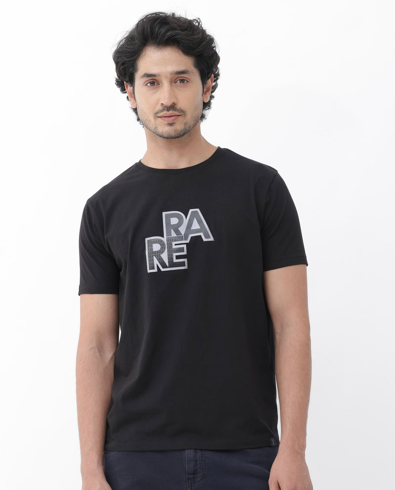Rare Rabbit Mens Oran Black Cotton Polyester Fabric Short Sleeve Regular Fit Graphic Printed T-Shirt
