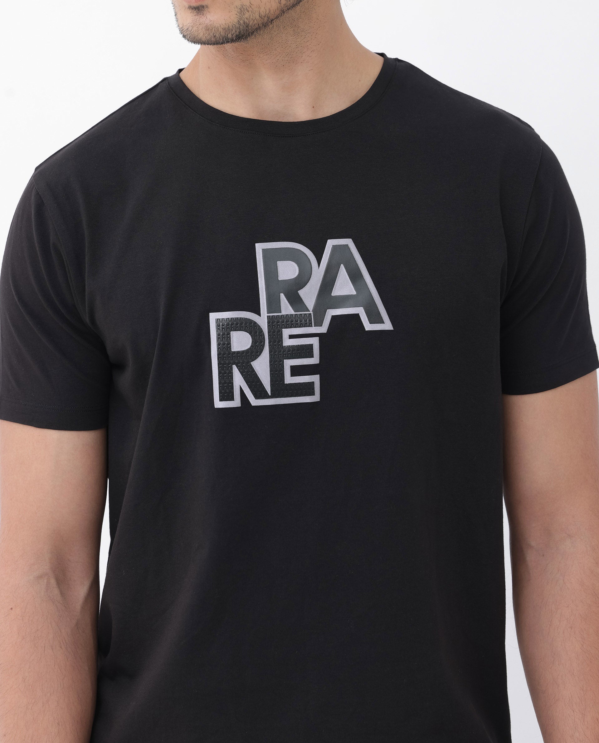 Rare Rabbit Mens Oran Black Cotton Polyester Fabric Short Sleeve Regular Fit Graphic Printed T-Shirt