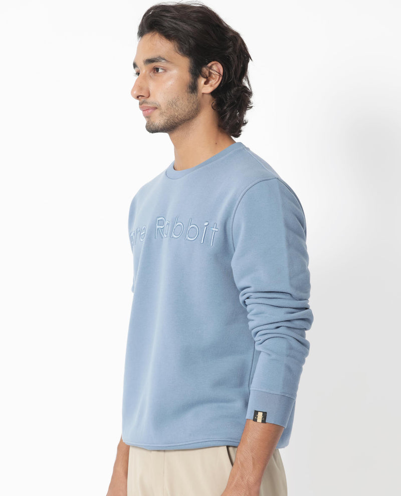 RARE RABBIT MENS ORANJ BLUE SWEATSHIRT COTTON POLYESTER FABRIC ROUND NECK KNITTED FULL SLEEVES COMFORTABLE FIT