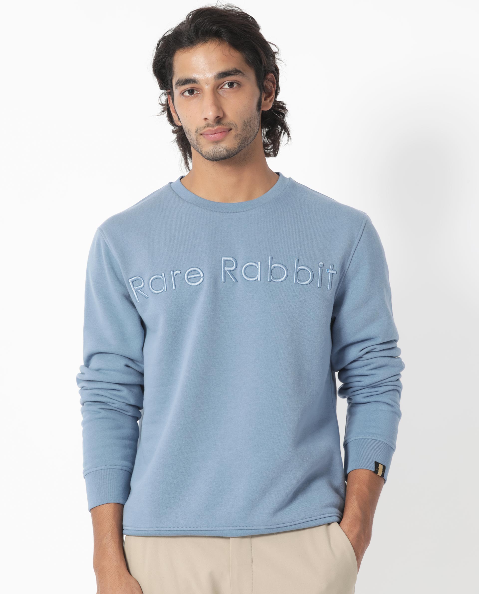 Rare Rabbit Men's Oranj Blue Cotton Embroidered Relaxed Fit Full Sleeve Crew Neck Sweatshirt