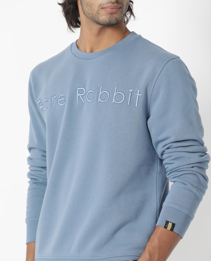 RARE RABBIT MENS ORANJ BLUE SWEATSHIRT COTTON POLYESTER FABRIC ROUND NECK KNITTED FULL SLEEVES COMFORTABLE FIT
