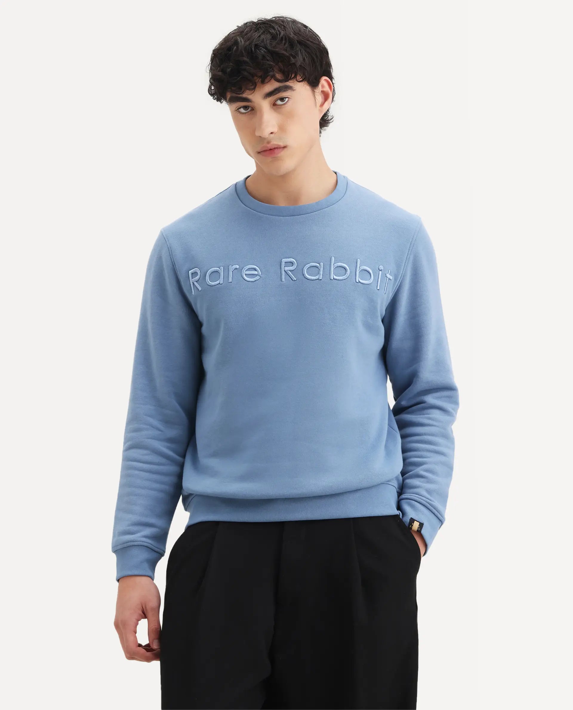 Rare Rabbit Men's Oranj Blue Cotton Embroidered Relaxed Fit Full Sleeve Crew Neck Sweatshirt