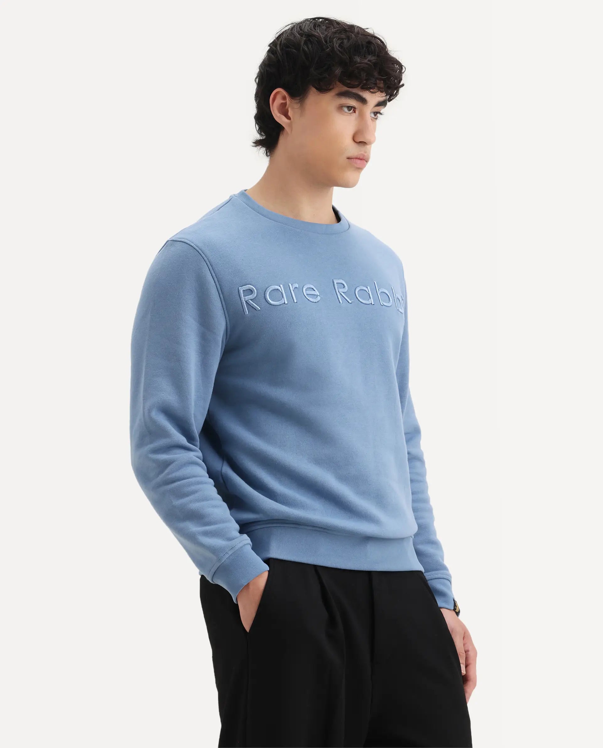 Rare Rabbit Men's Oranj Blue Cotton Embroidered Relaxed Fit Full Sleeve Crew Neck Sweatshirt